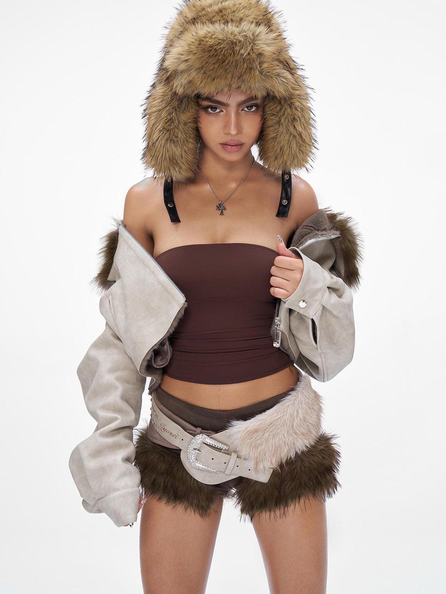 JYOSEI Wool Blend Fringe Hooded Knit Sweater With Suede Shorts Set