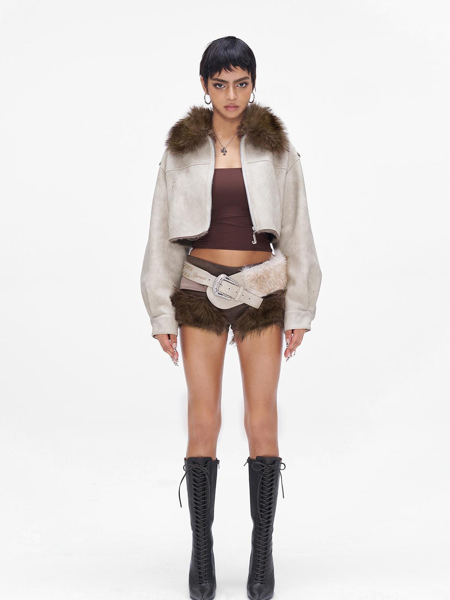 JYOSEI Wool Blend Fringe Hooded Knit Sweater With Suede Shorts Set