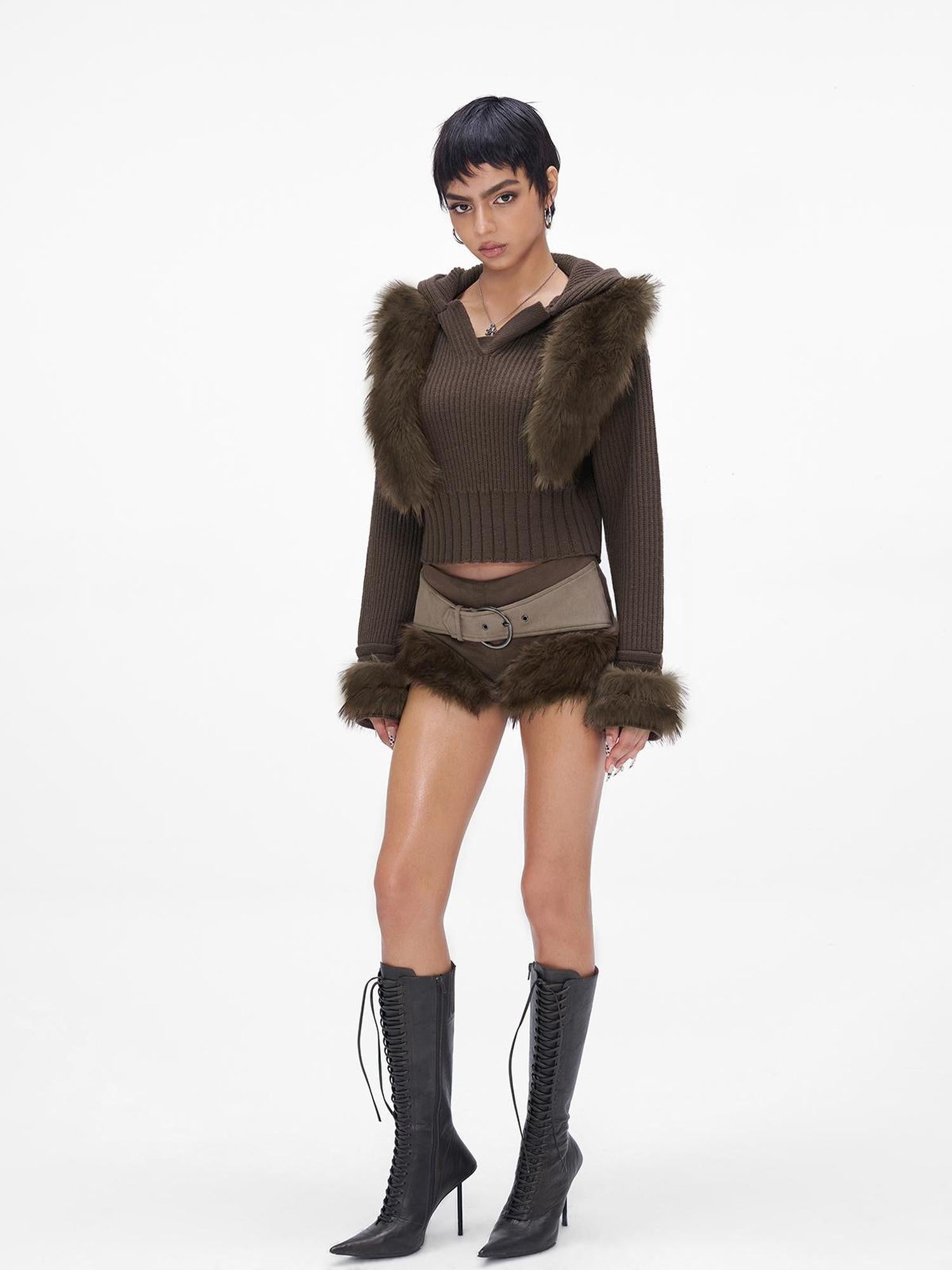 JYOSEI Wool Blend Fringe Hooded Knit Sweater With Suede Shorts Set