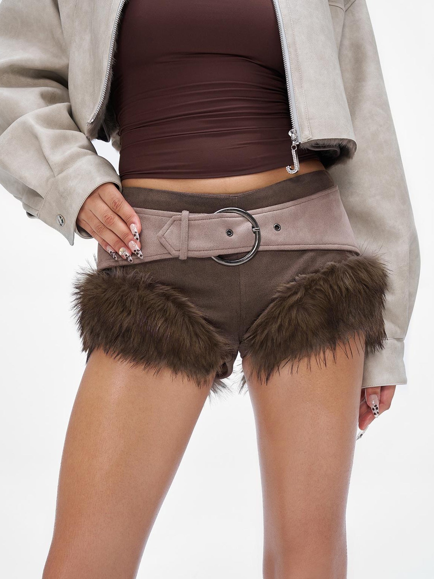 JYOSEI Wool Blend Fringe Hooded Knit Sweater With Suede Shorts Set