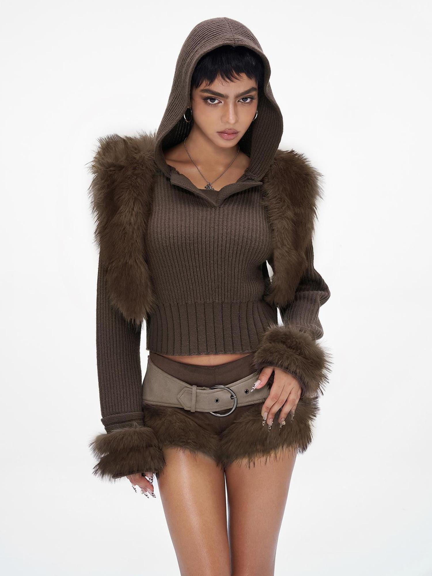 JYOSEI Wool Blend Fringe Hooded Knit Sweater With Suede Shorts Set