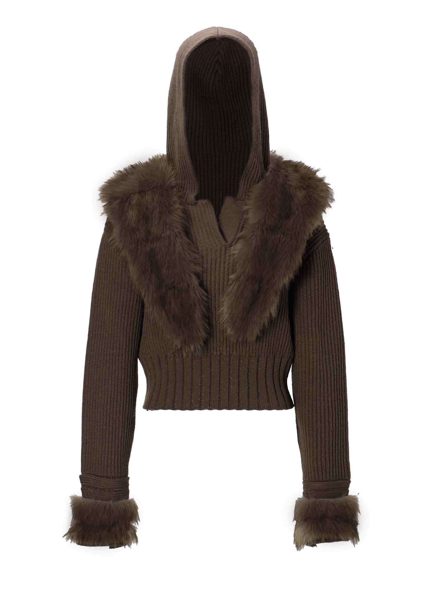 JYOSEI Wool Blend Fringe Hooded Knit Sweater With Suede Shorts Set