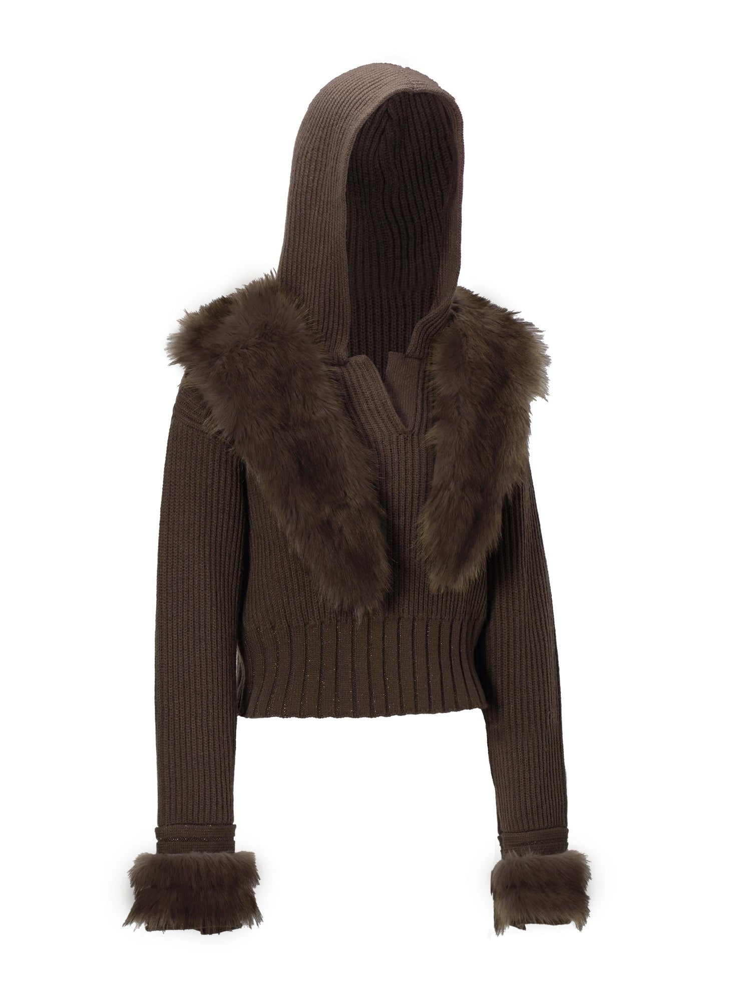 JYOSEI Wool Blend Fringe Hooded Knit Sweater With Suede Shorts Set