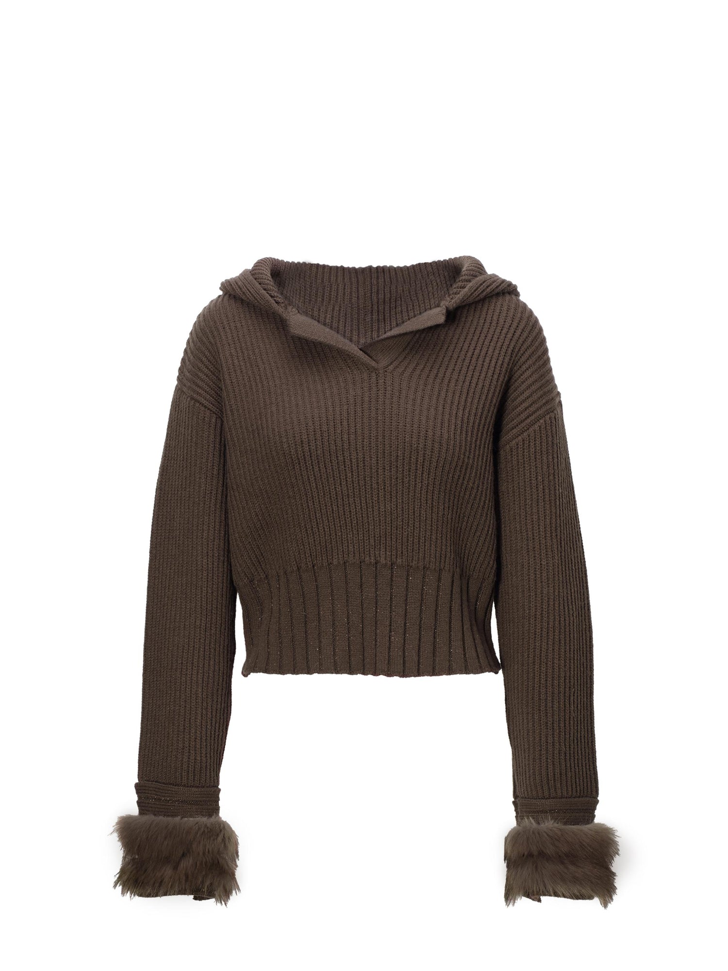 JYOSEI Wool Blend Fringe Hooded Knit Sweater With Suede Shorts Set