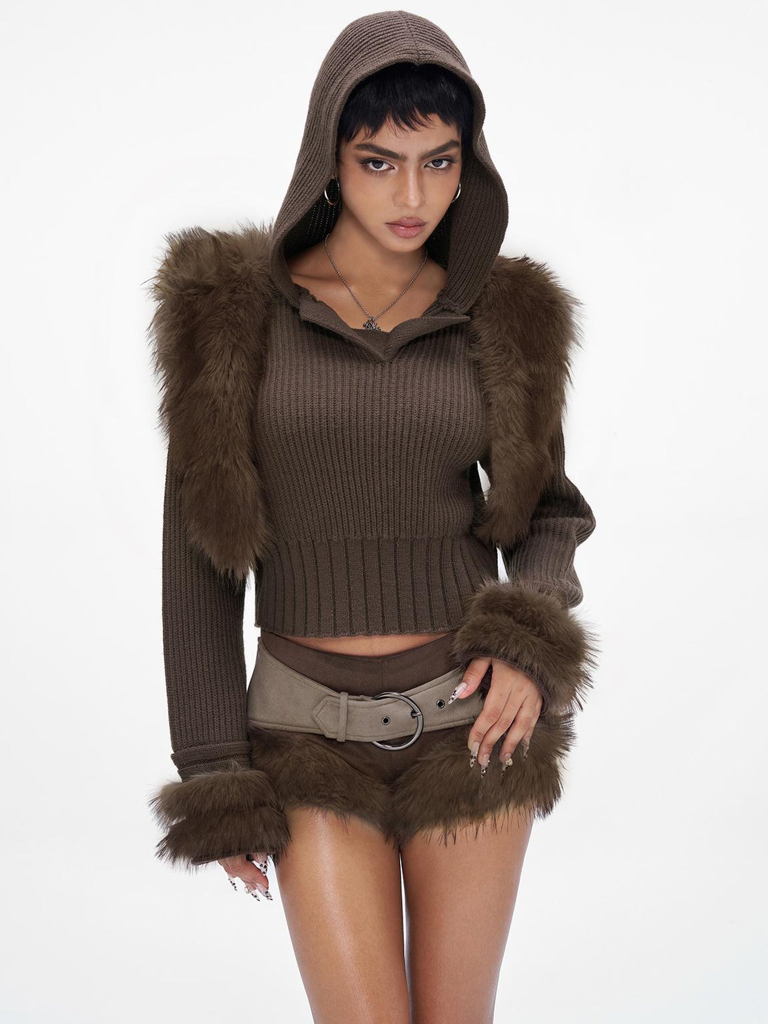 JYOSEI Wool Blend Fringe Hooded Knit Sweater With Suede Shorts Set