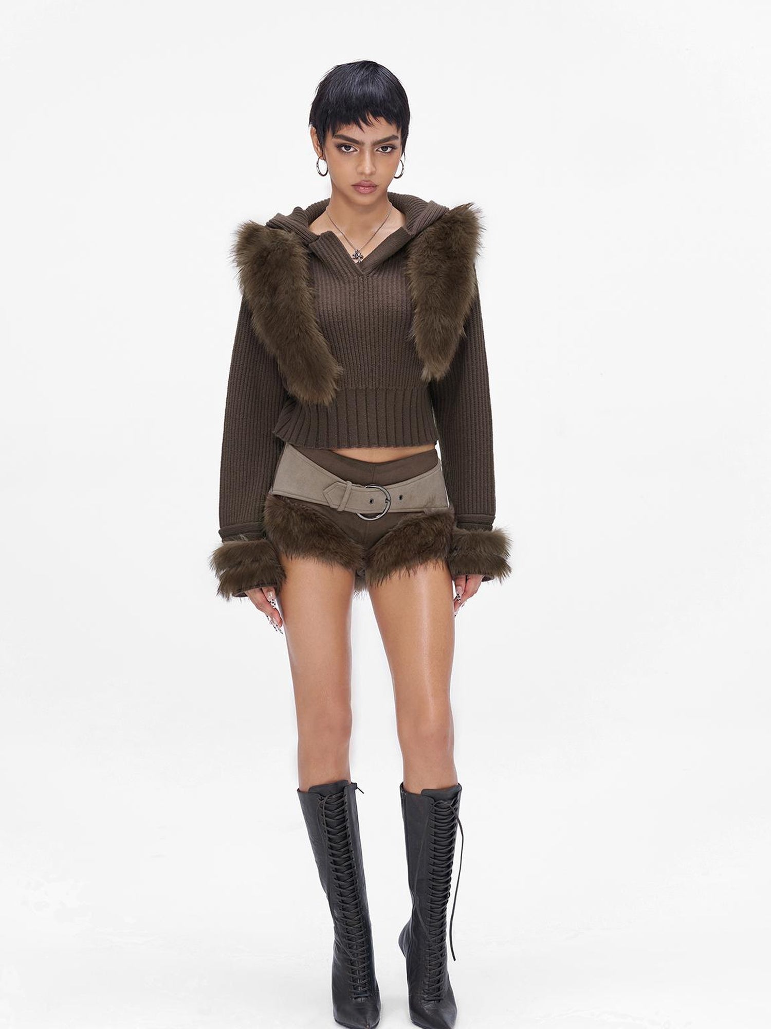 JYOSEI Wool Blend Fringe Hooded Knit Sweater With Suede Shorts Set