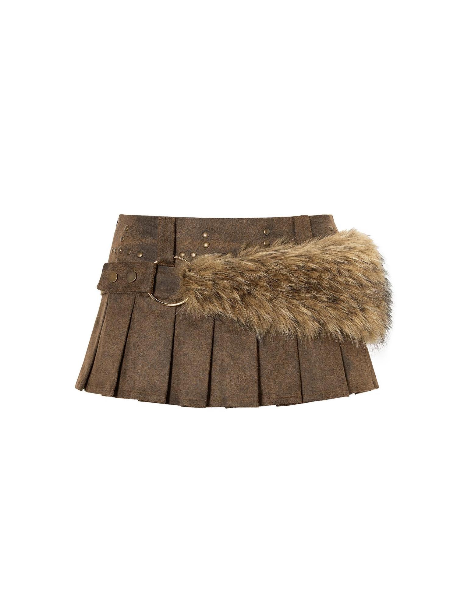 JYOSEI Y2K Faux Fur Trimmed Pu Leather Low Waist Mini Skirt