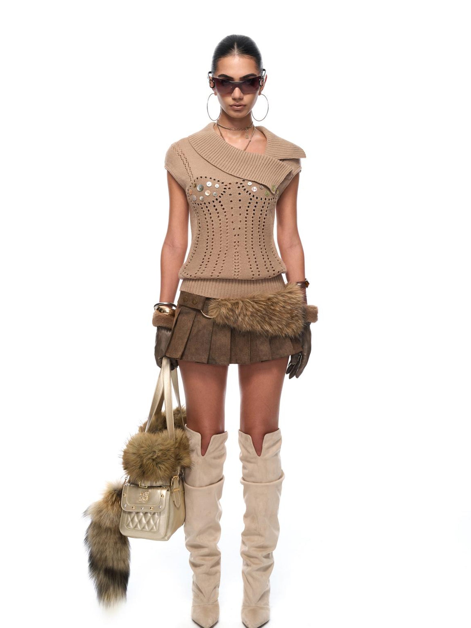 JYOSEI Y2K Faux Fur Trimmed Pu Leather Low Waist Mini Skirt