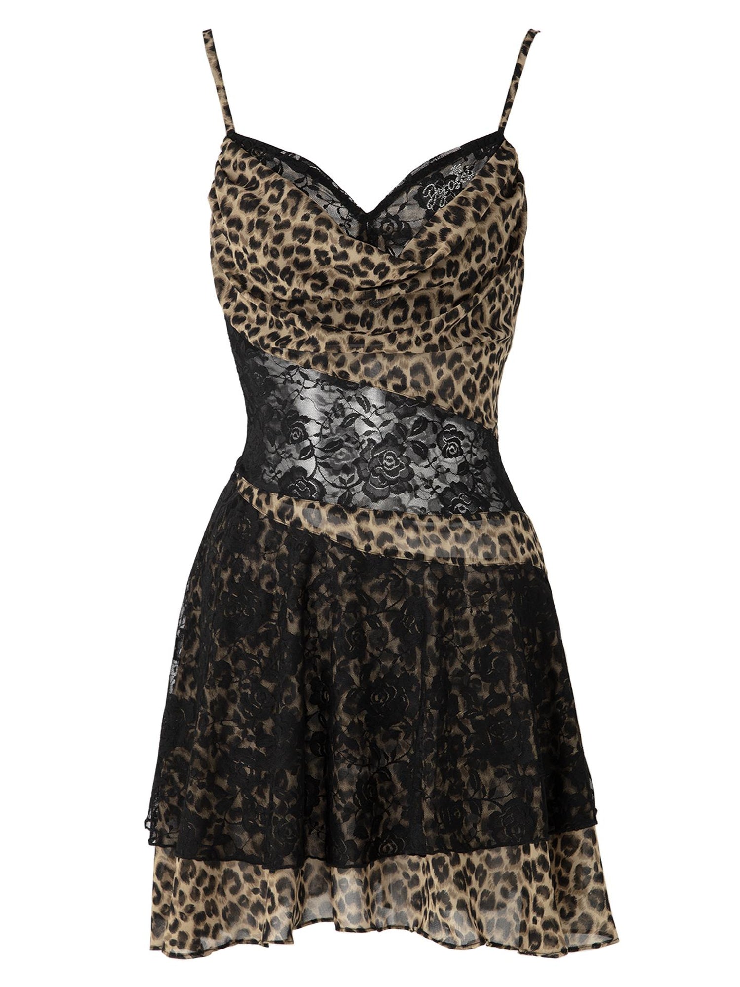 JYOSEI Y2K Leopard Lace Trim Sheer Chiffon Slip Dress V-Neck T-Shirt Long-Sleeve