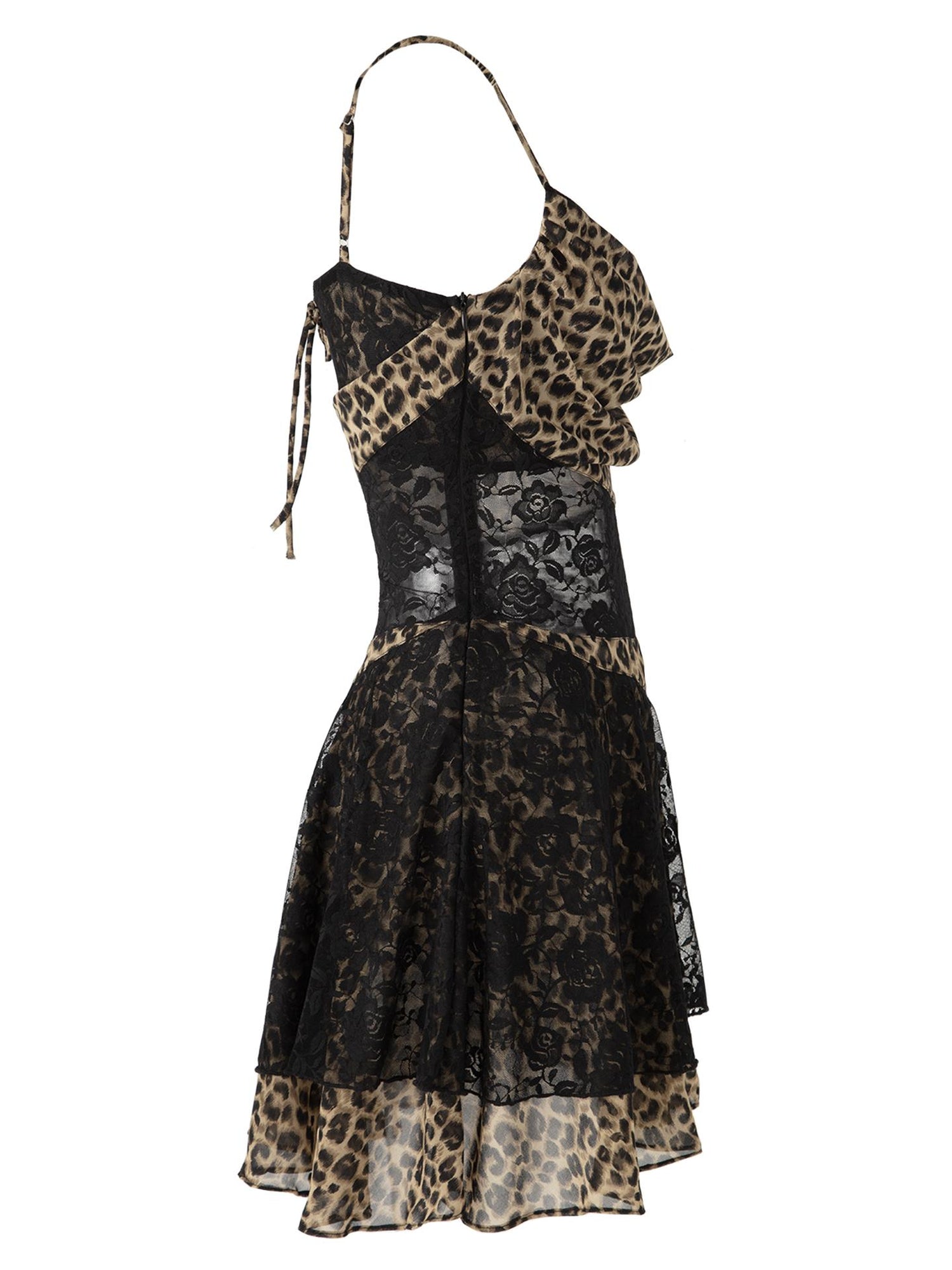 JYOSEI Y2K Leopard Lace Trim Sheer Chiffon Slip Dress V-Neck T-Shirt Long-Sleeve