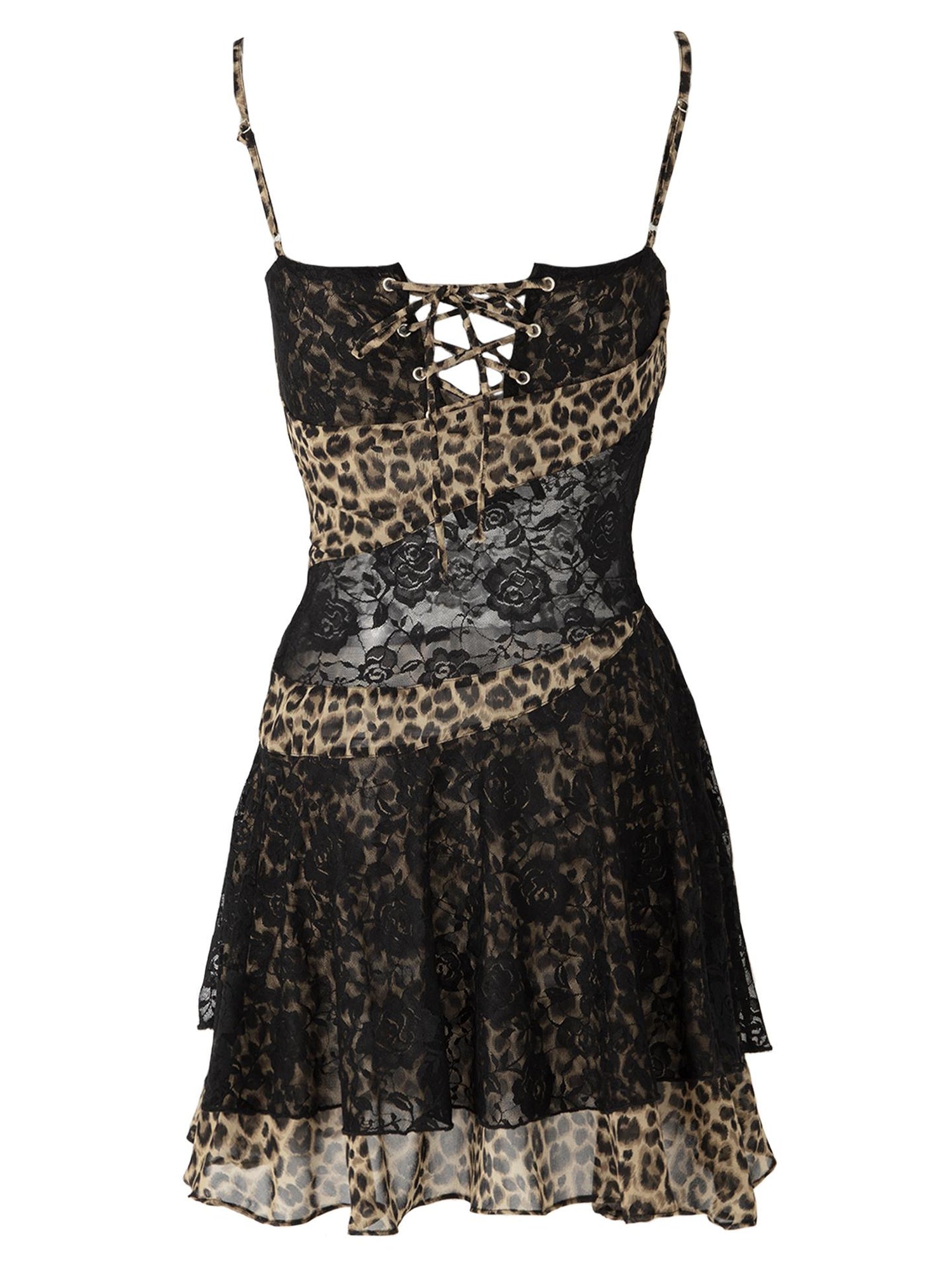 JYOSEI Y2K Leopard Lace Trim Sheer Chiffon Slip Dress V-Neck T-Shirt Long-Sleeve