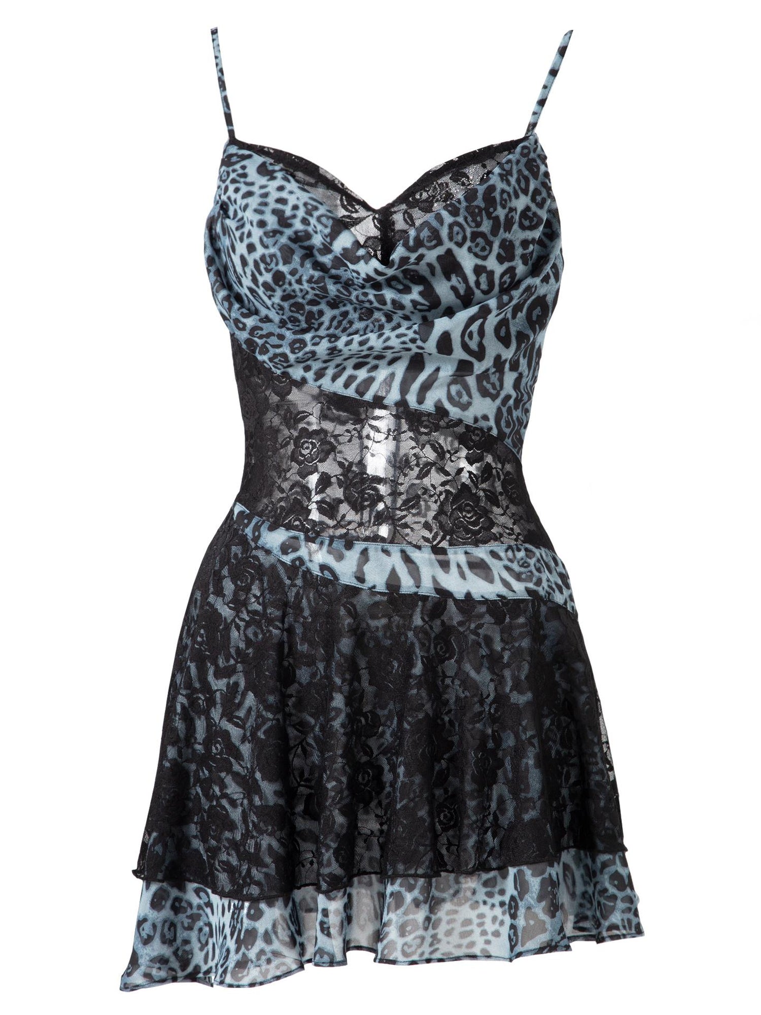 JYOSEI Y2K Leopard Lace Trim Sheer Chiffon Slip Dress V-Neck T-Shirt Long-Sleeve