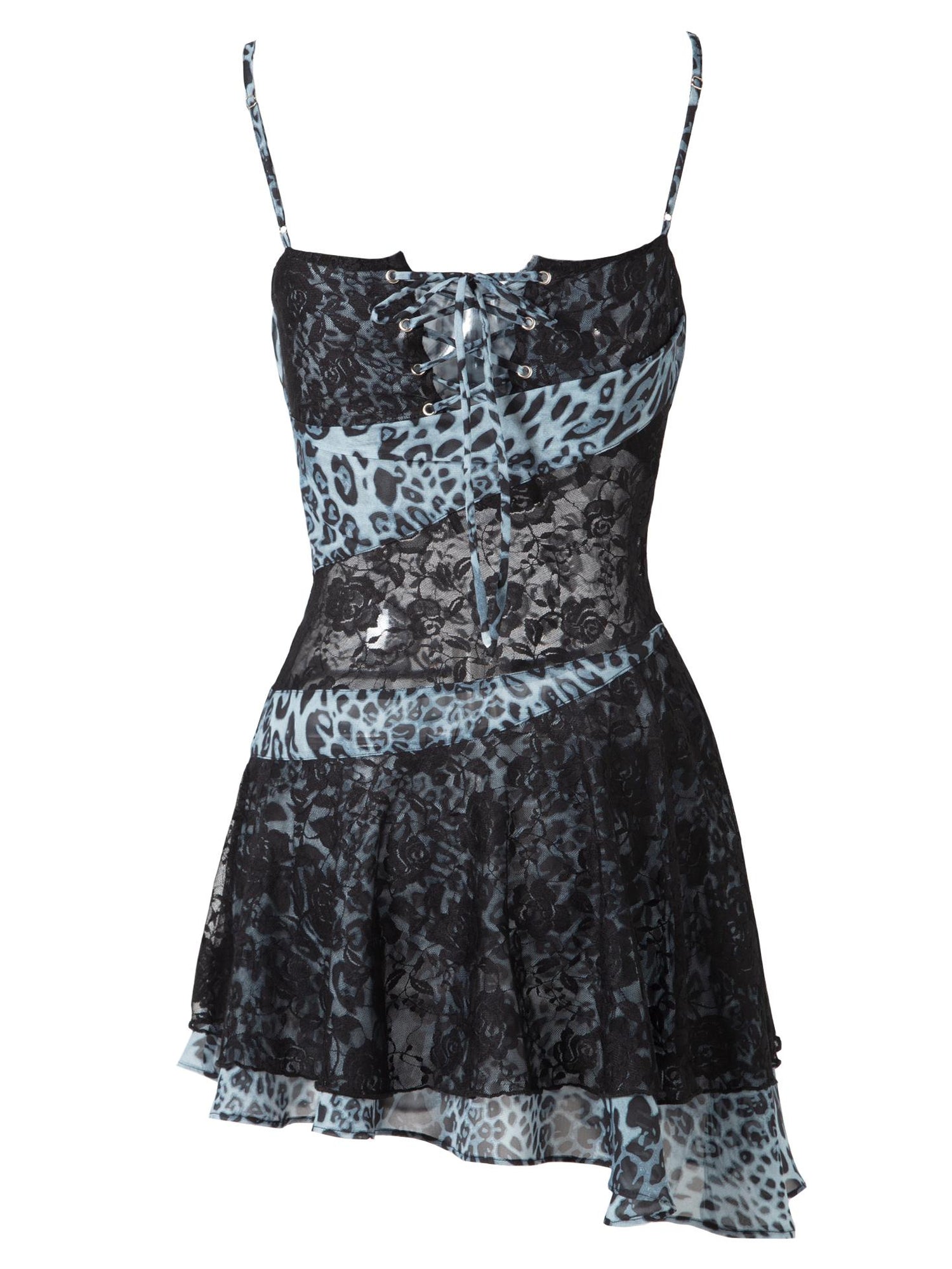 JYOSEI Y2K Leopard Lace Trim Sheer Chiffon Slip Dress V-Neck T-Shirt Long-Sleeve