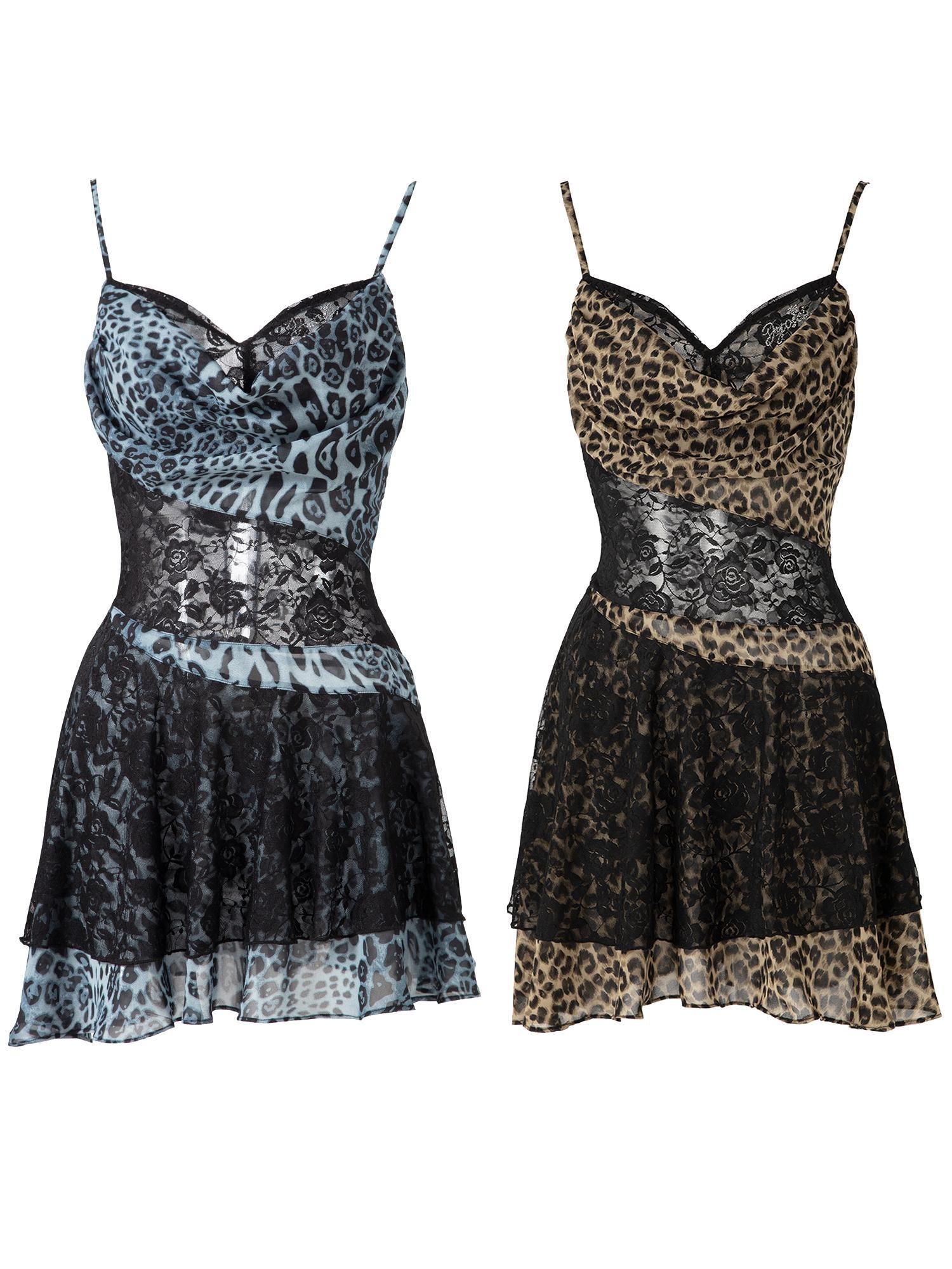 JYOSEI Y2K Leopard Lace Trim Sheer Chiffon Slip Dress V-Neck T-Shirt Long-Sleeve