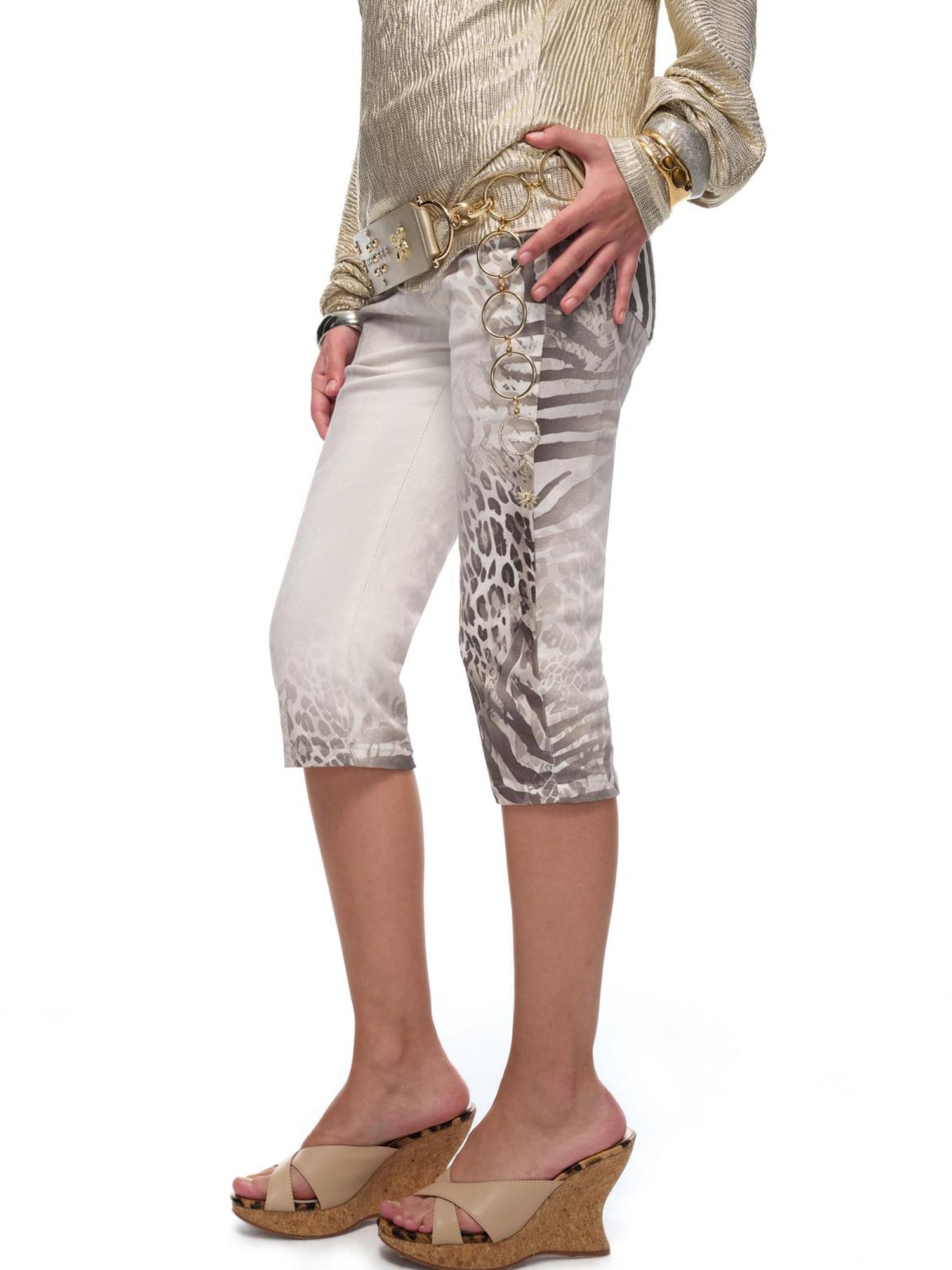JYOSEI Y2K Low Rise Gray White Leopard Print Stretch Cotton Capri Pants