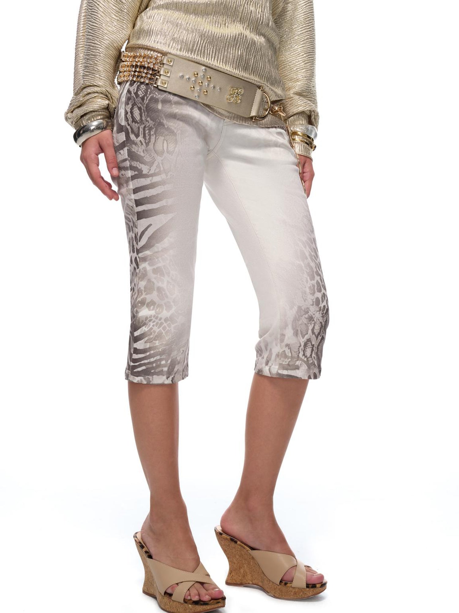 JYOSEI Y2K Low Rise Gray White Leopard Print Stretch Cotton Capri Pants