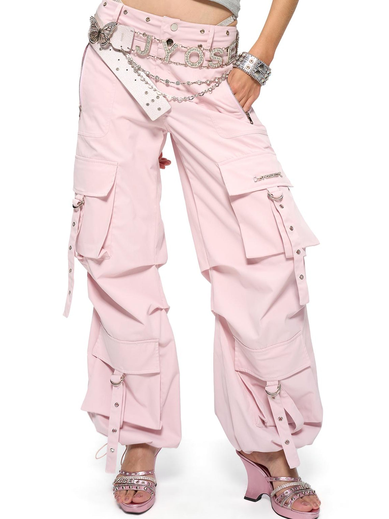 JYOSEI Y2K Low Waist Cargo Wide Leg Pants with Rivet Eyelets