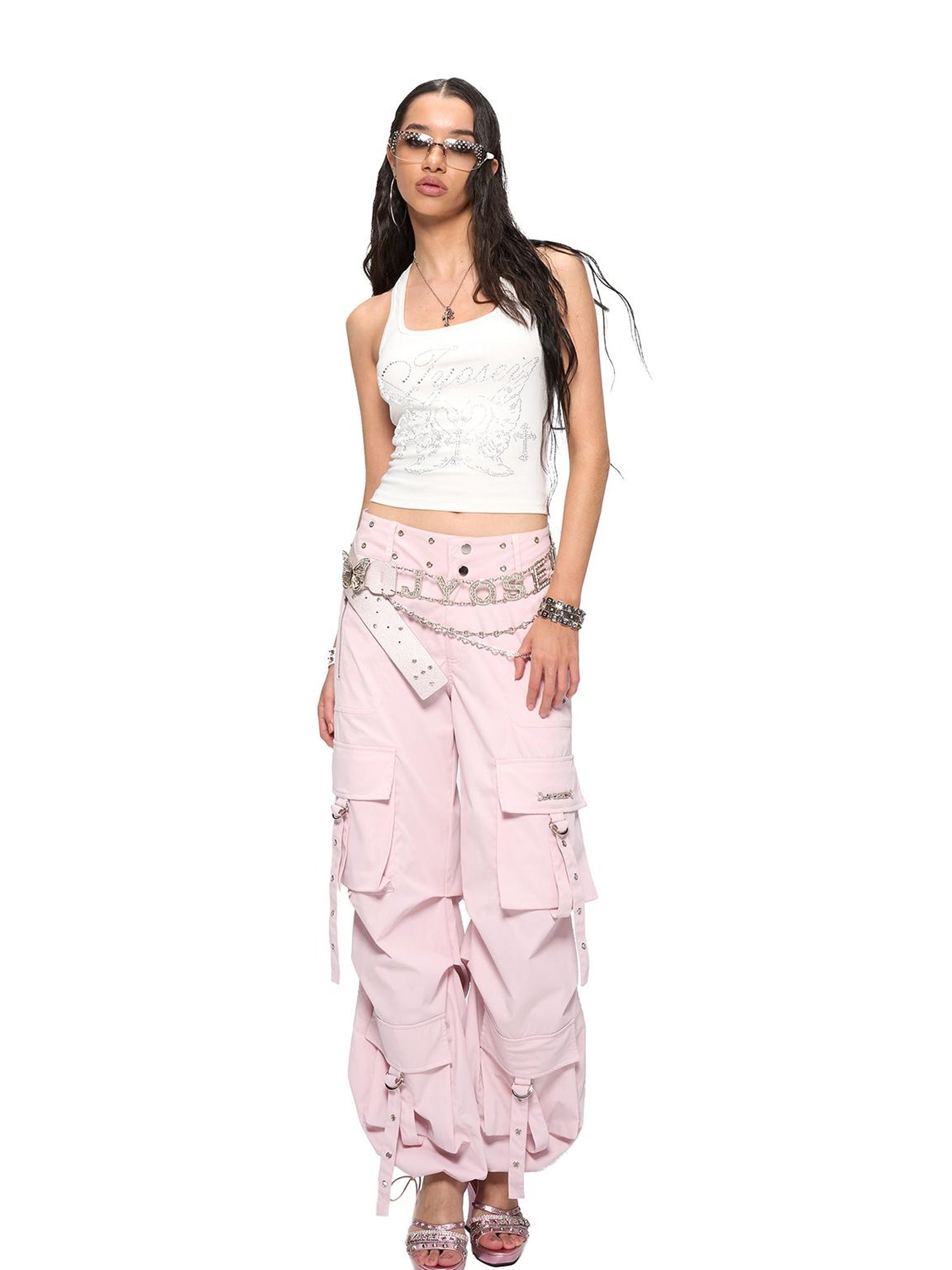 JYOSEI Y2K Low Waist Cargo Wide Leg Pants with Rivet Eyelets