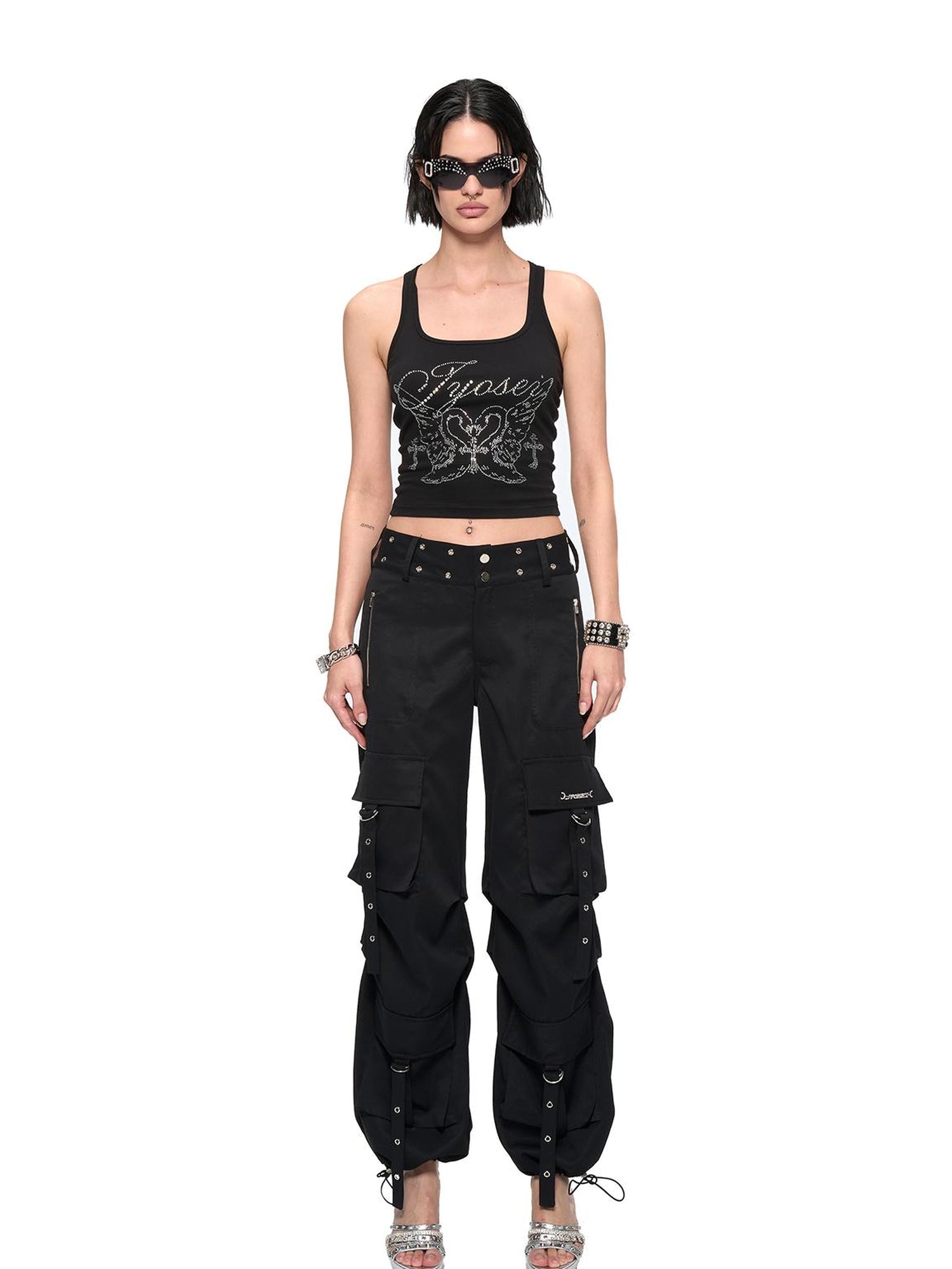 JYOSEI Y2K Low Waist Cargo Wide Leg Pants with Rivet Eyelets