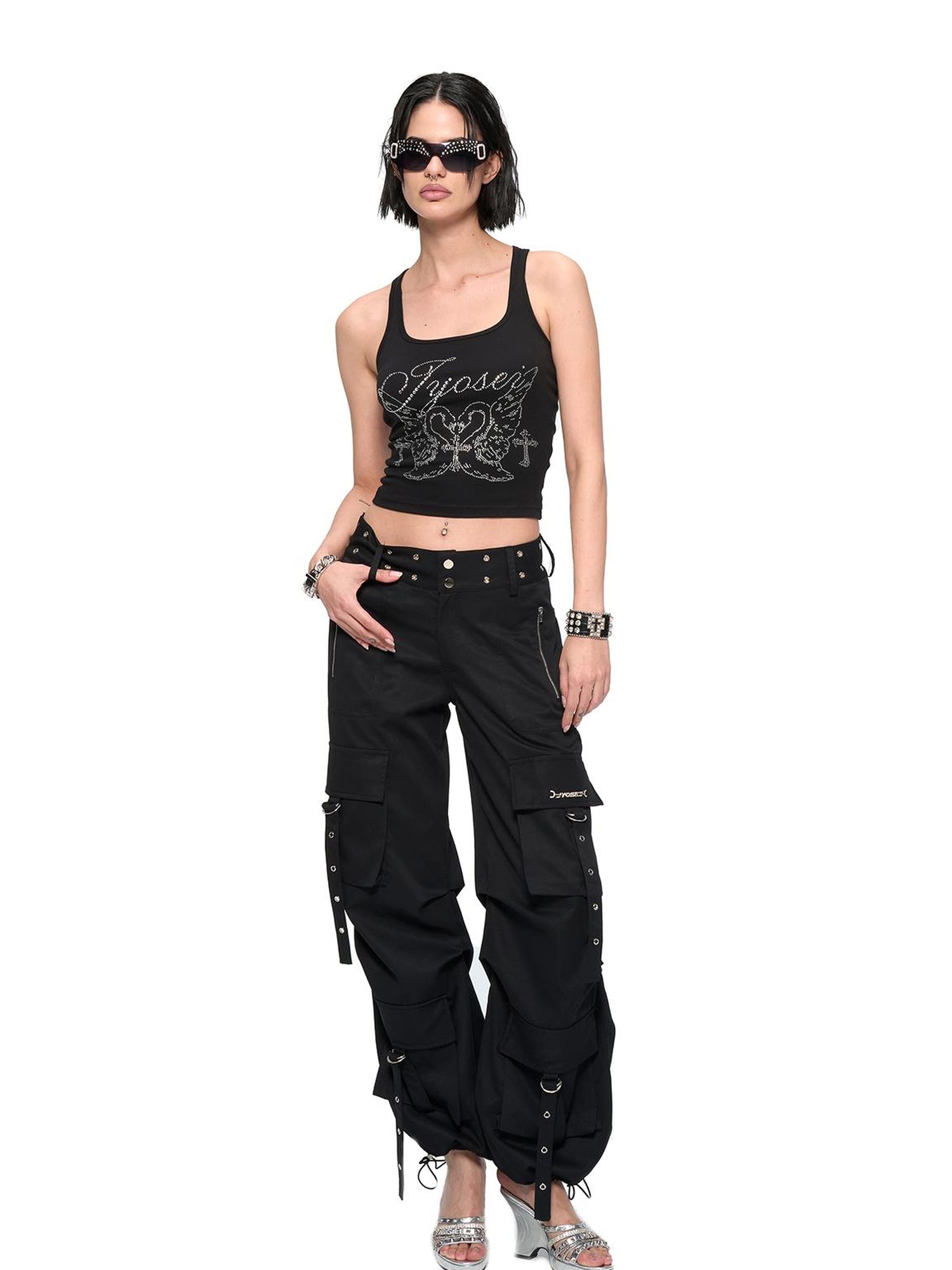 JYOSEI Y2K Low Waist Cargo Wide Leg Pants with Rivet Eyelets