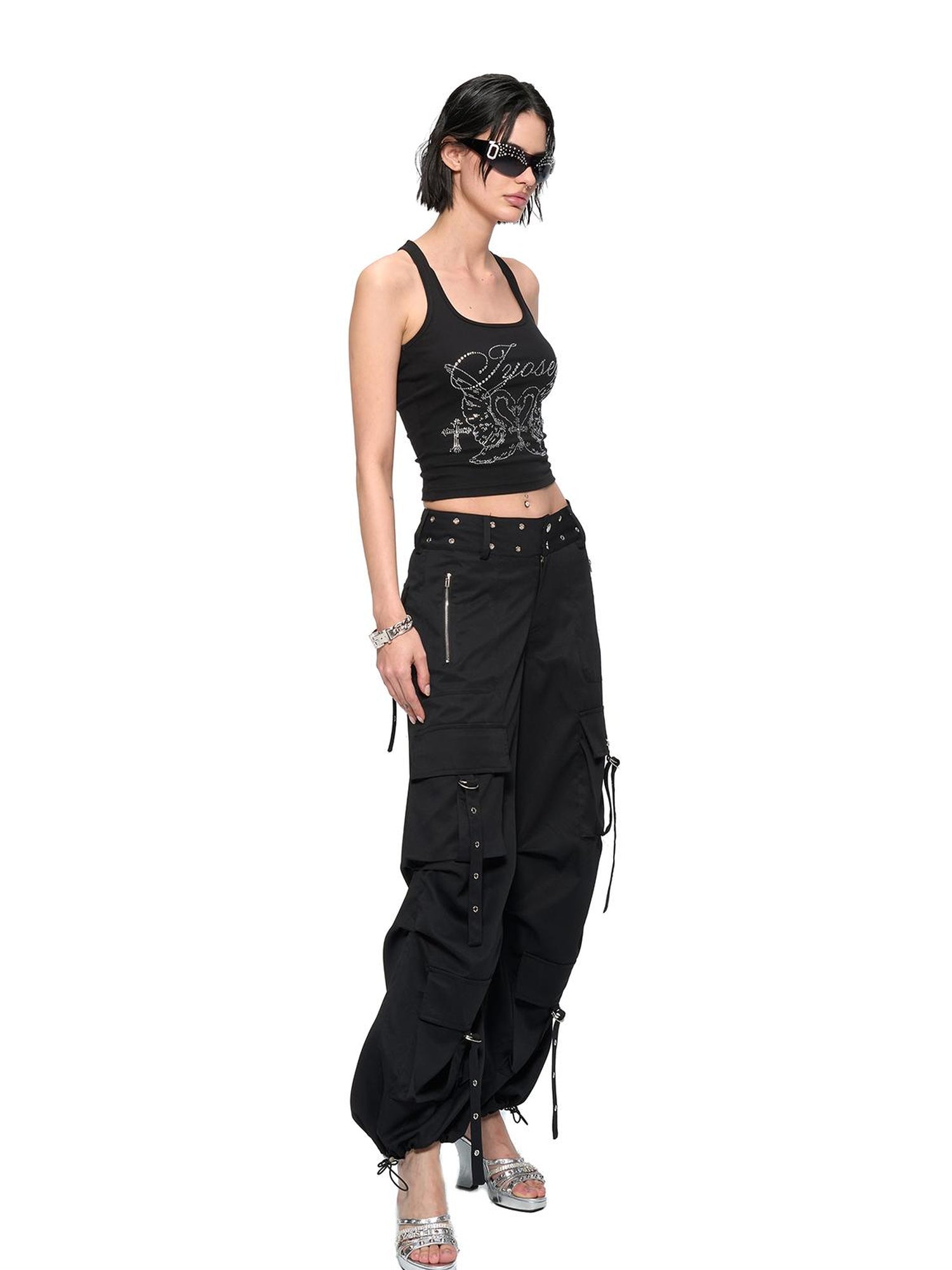 JYOSEI Y2K Low Waist Cargo Wide Leg Pants with Rivet Eyelets