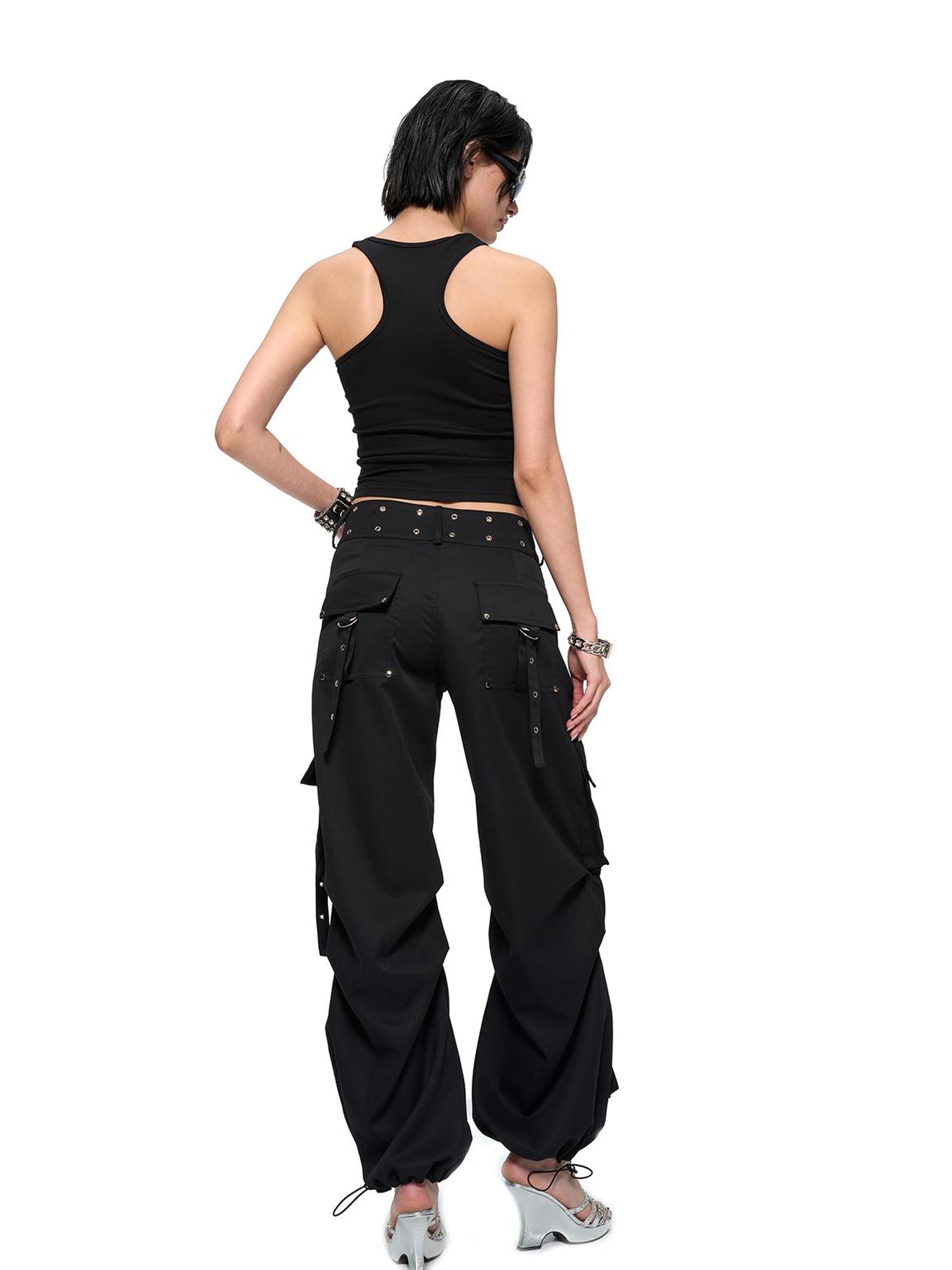 JYOSEI Y2K Low Waist Cargo Wide Leg Pants with Rivet Eyelets