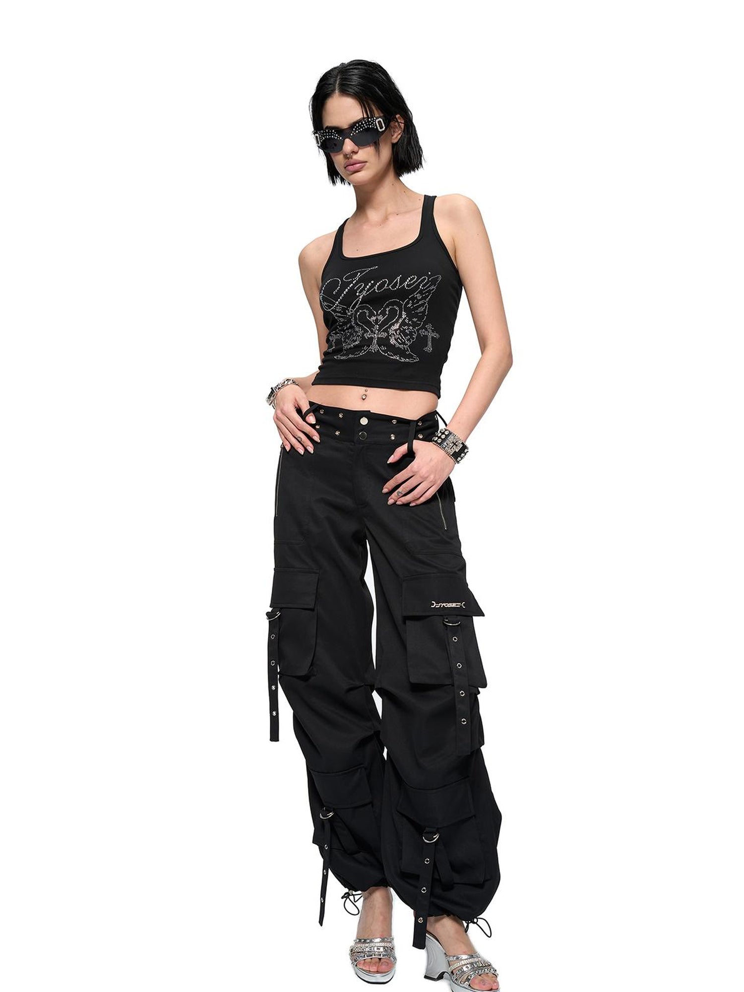 JYOSEI Y2K Low Waist Cargo Wide Leg Pants with Rivet Eyelets