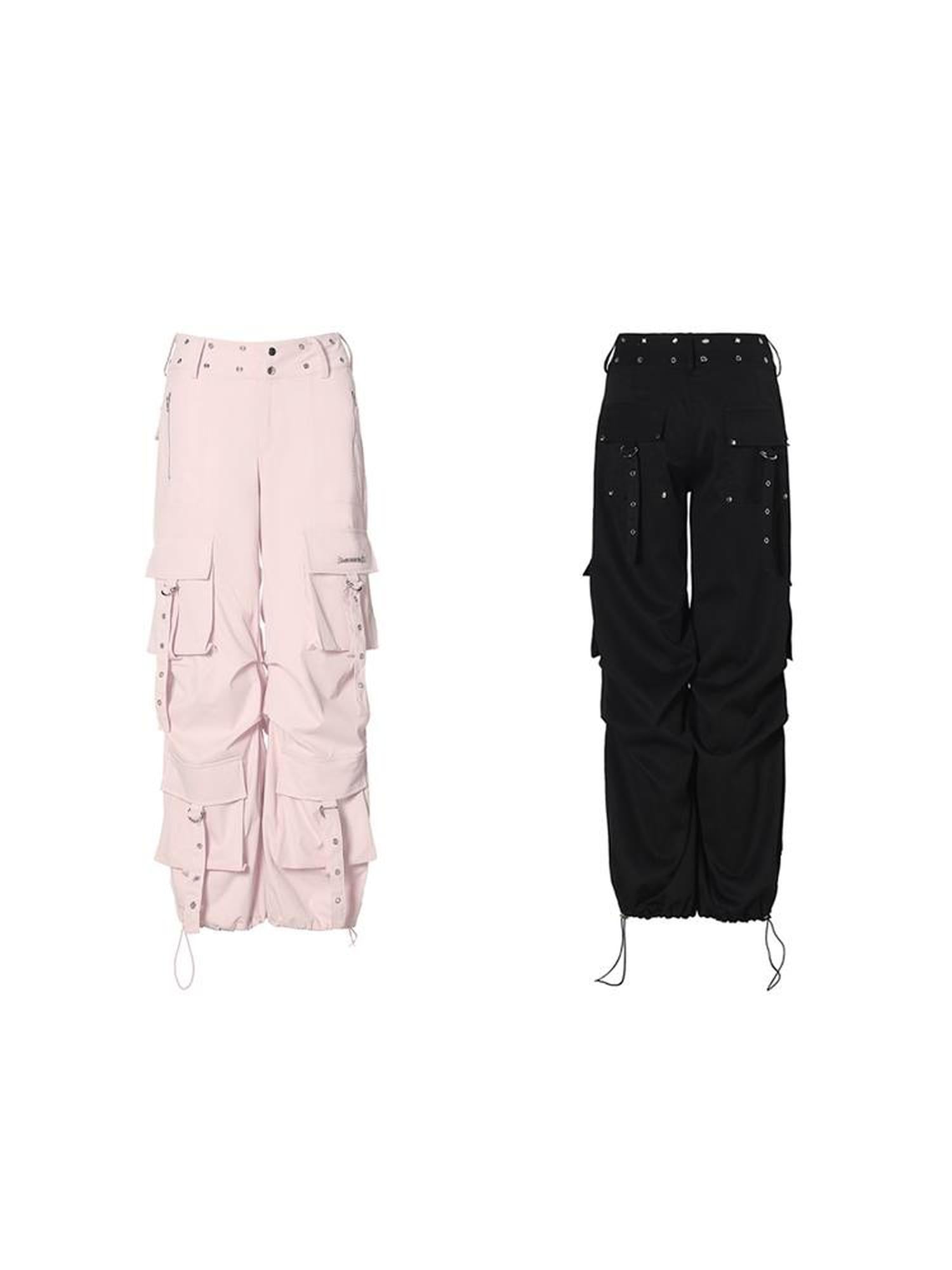 JYOSEI Y2K Low Waist Cargo Wide Leg Pants with Rivet Eyelets