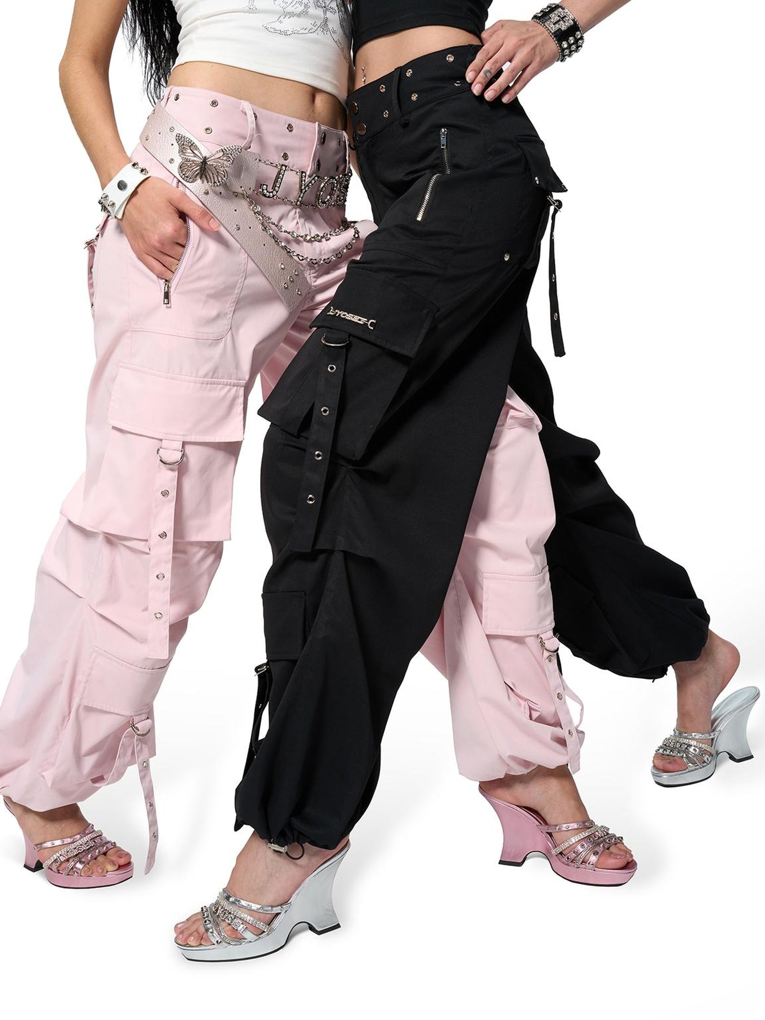 JYOSEI Y2K Low Waist Cargo Wide Leg Pants with Rivet Eyelets