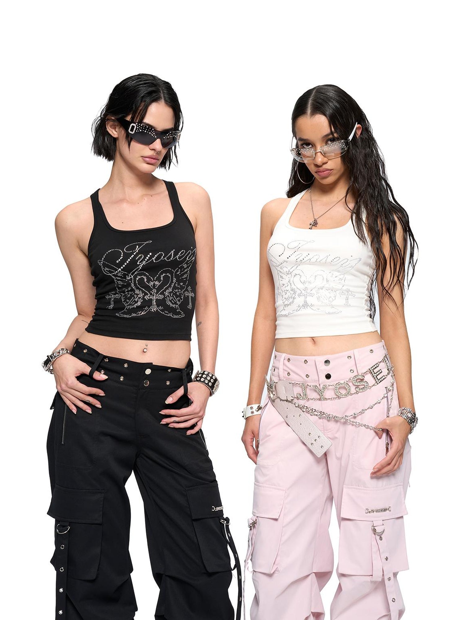JYOSEI Y2K Low Waist Cargo Wide Leg Pants with Rivet Eyelets