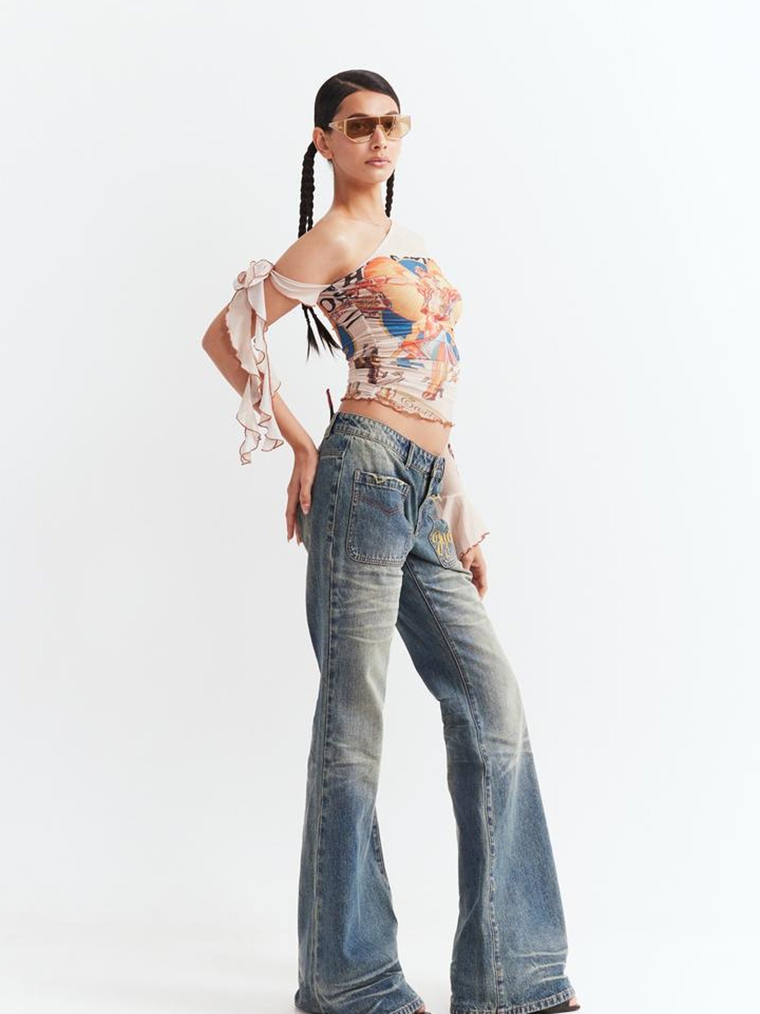 JYOSEI Y2K Sheer Mesh One Sleeve Top With Bow Retro Print