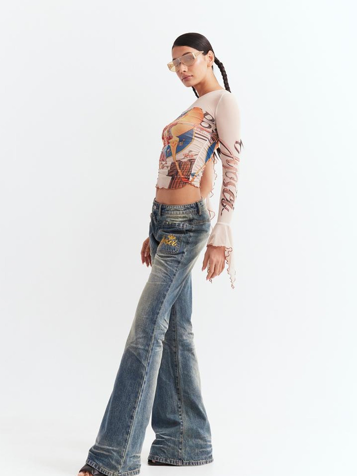 JYOSEI Y2K Sheer Mesh One Sleeve Top With Bow Retro Print