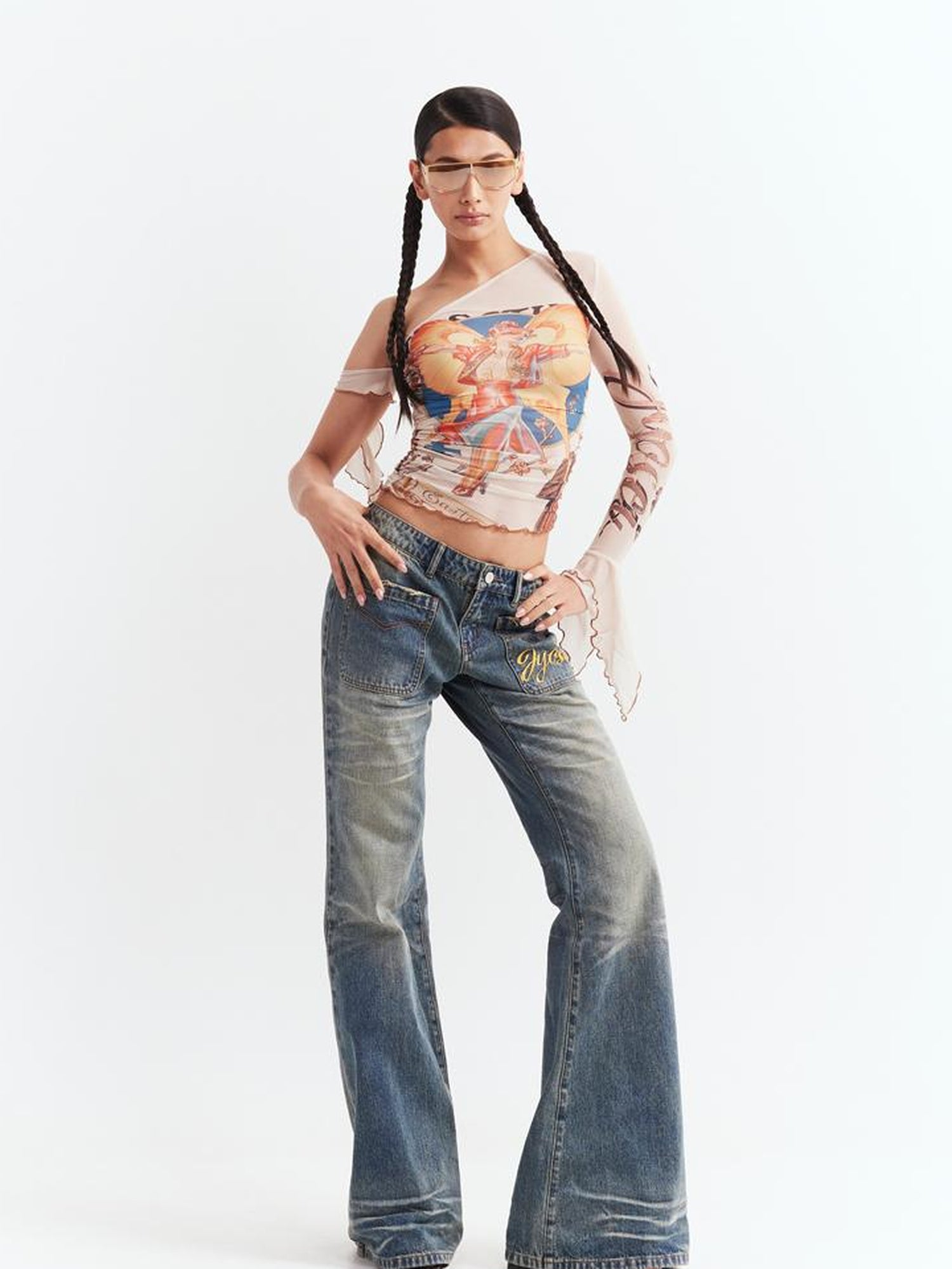 JYOSEI Y2K Sheer Mesh One Sleeve Top With Bow Retro Print