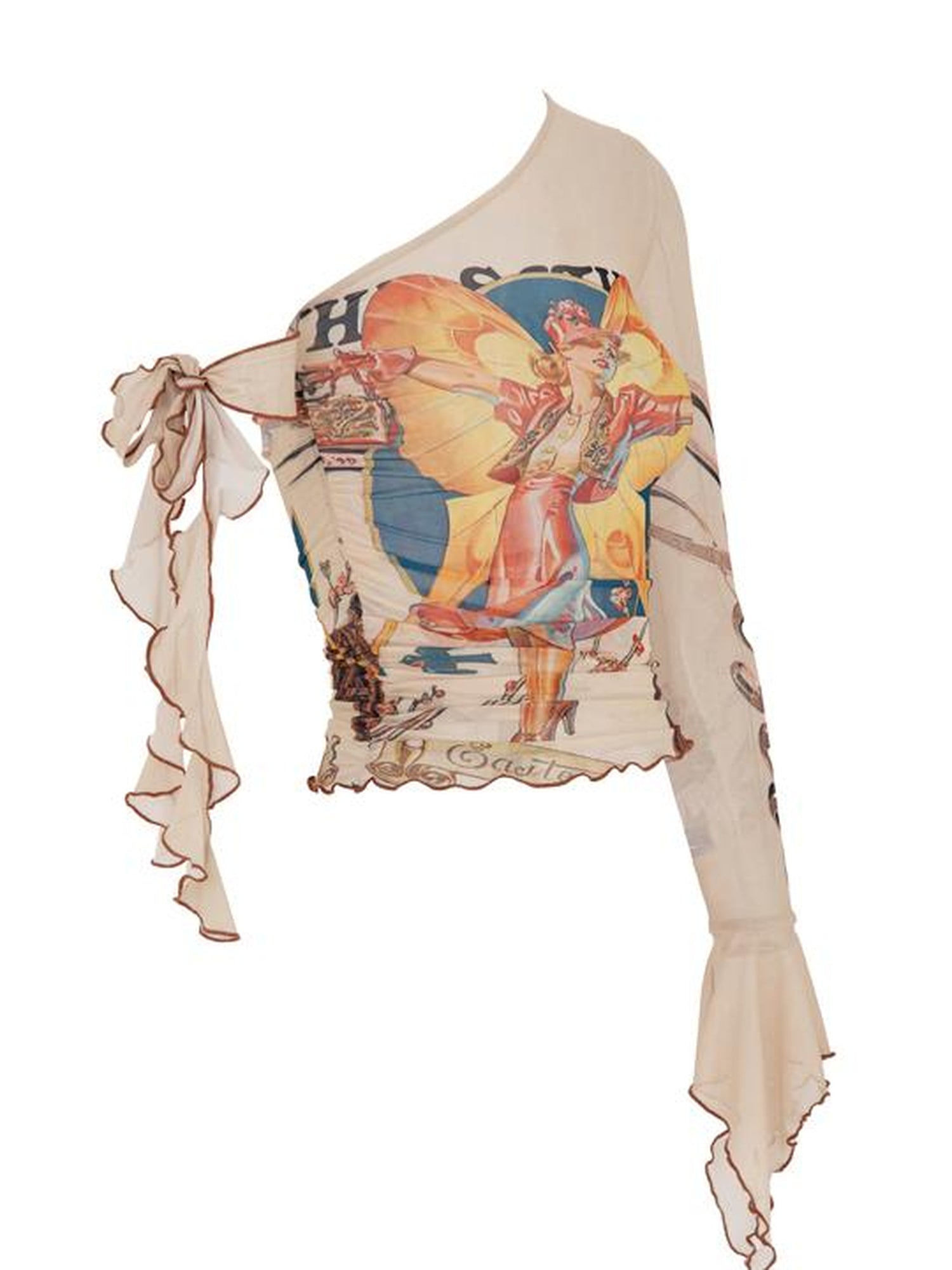 JYOSEI Y2K Sheer Mesh One Sleeve Top With Bow Retro Print