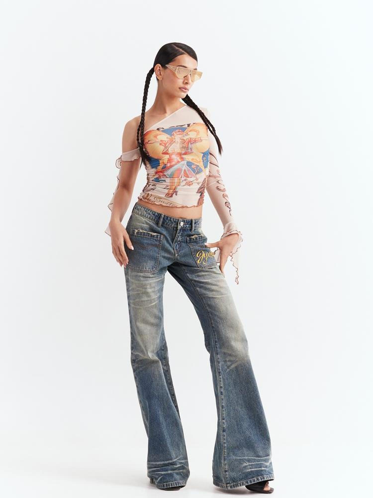 JYOSEI Y2K Sheer Mesh One Sleeve Top With Bow Retro Print