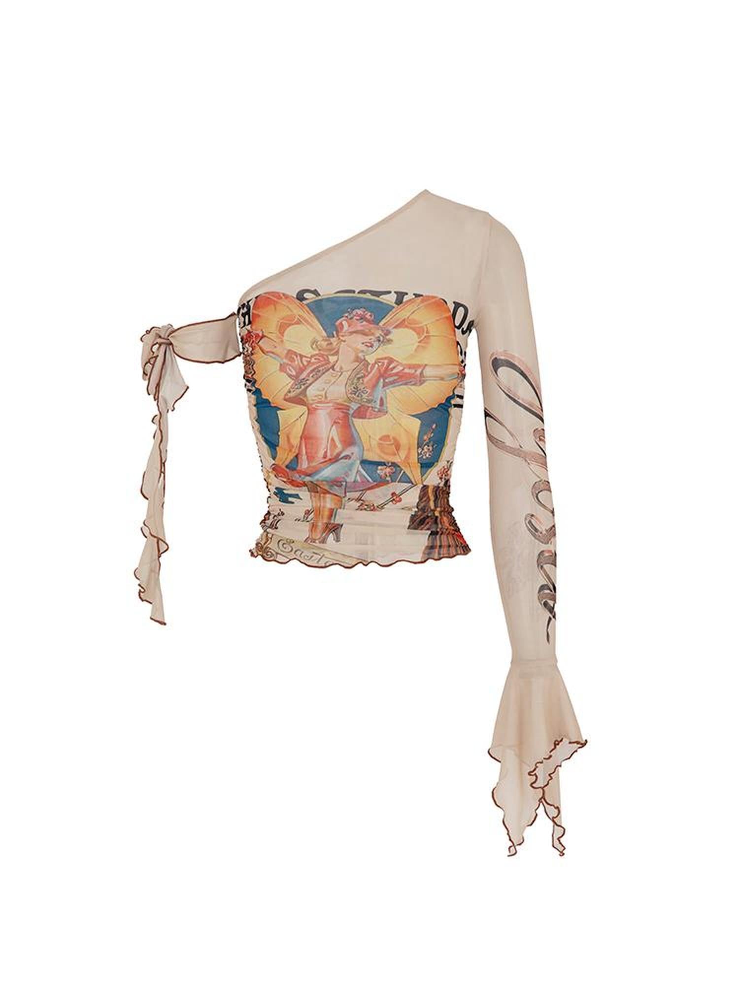 JYOSEI Y2K Sheer Mesh One Sleeve Top With Bow Retro Print