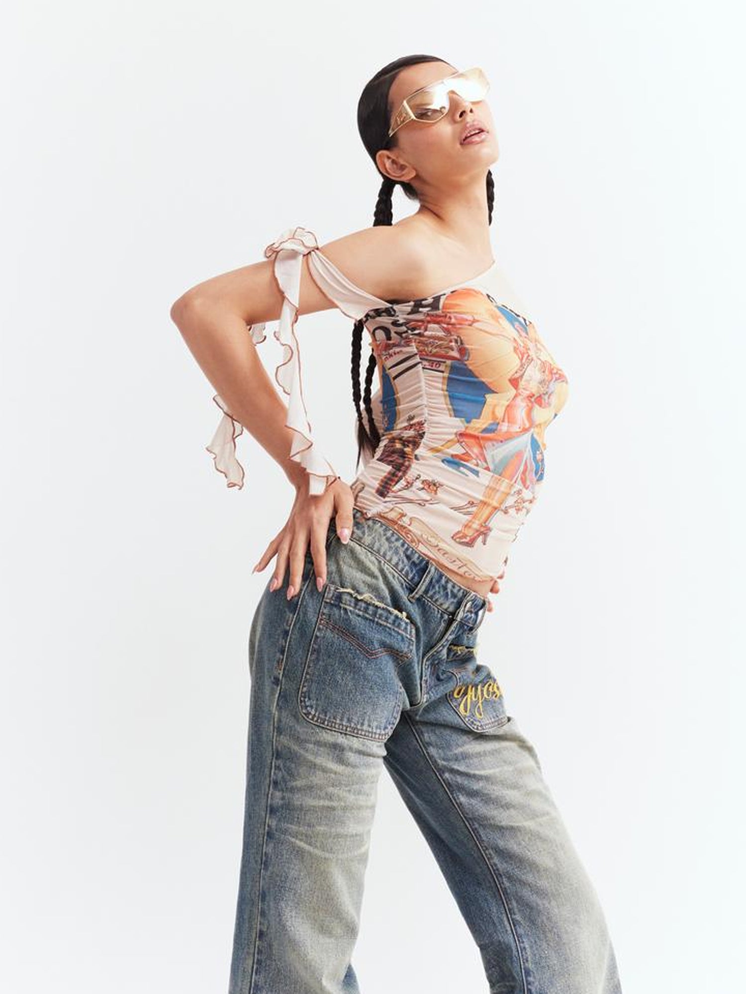 JYOSEI Y2K Sheer Mesh One Sleeve Top With Bow Retro Print