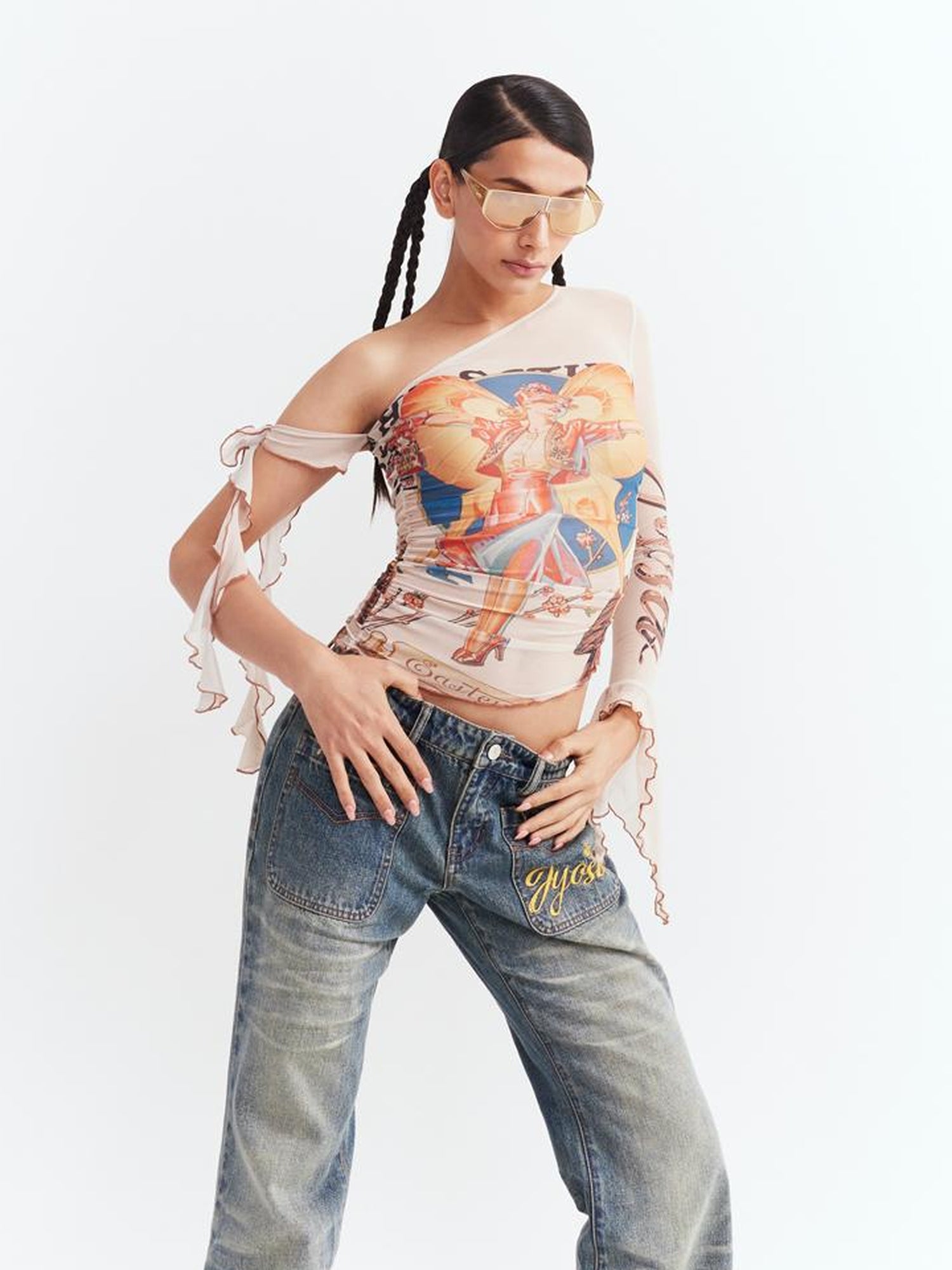 JYOSEI Y2K Sheer Mesh One Sleeve Top With Bow Retro Print