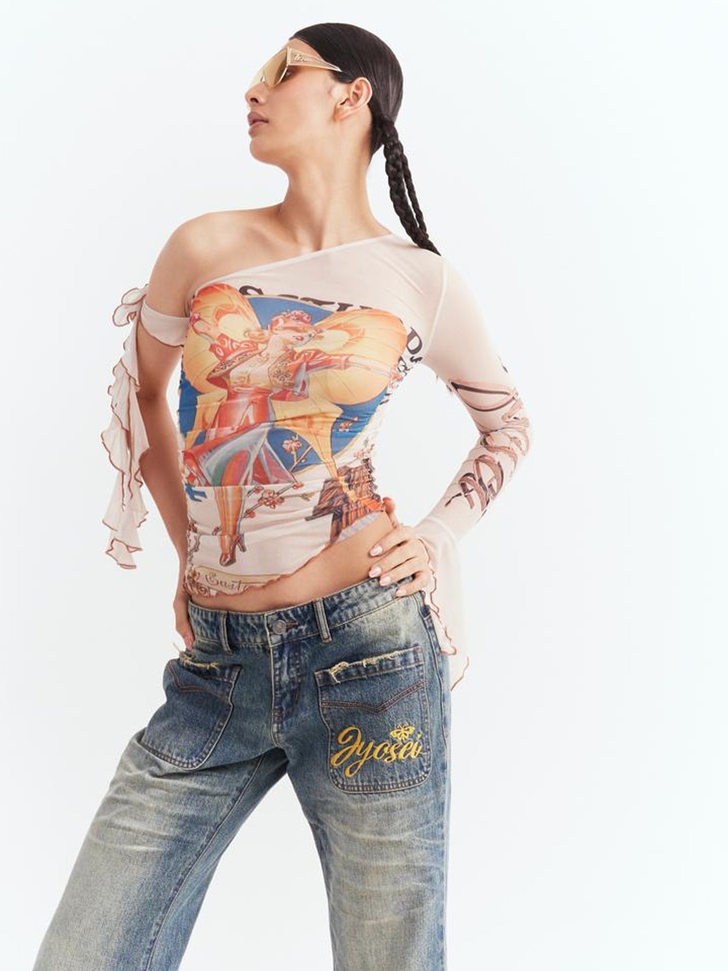 JYOSEI Y2K Sheer Mesh One Sleeve Top With Bow Retro Print