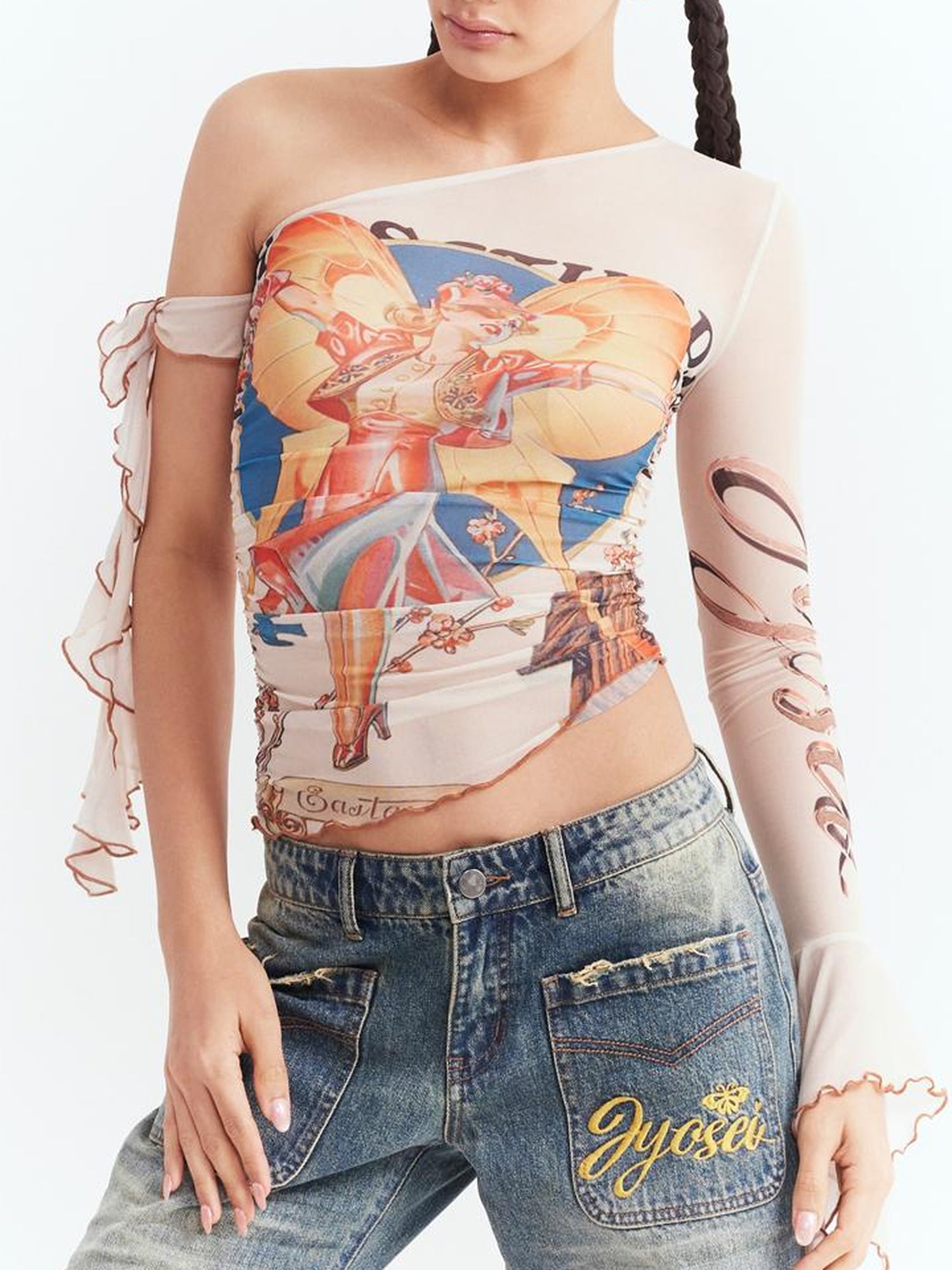 JYOSEI Y2K Sheer Mesh One Sleeve Top With Bow Retro Print