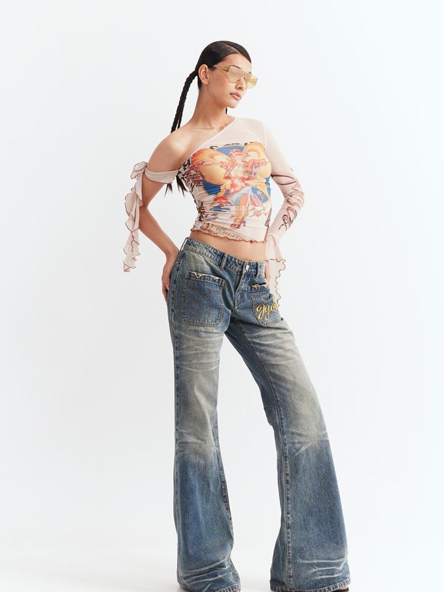 JYOSEI Y2K Sheer Mesh One Sleeve Top With Bow Retro Print