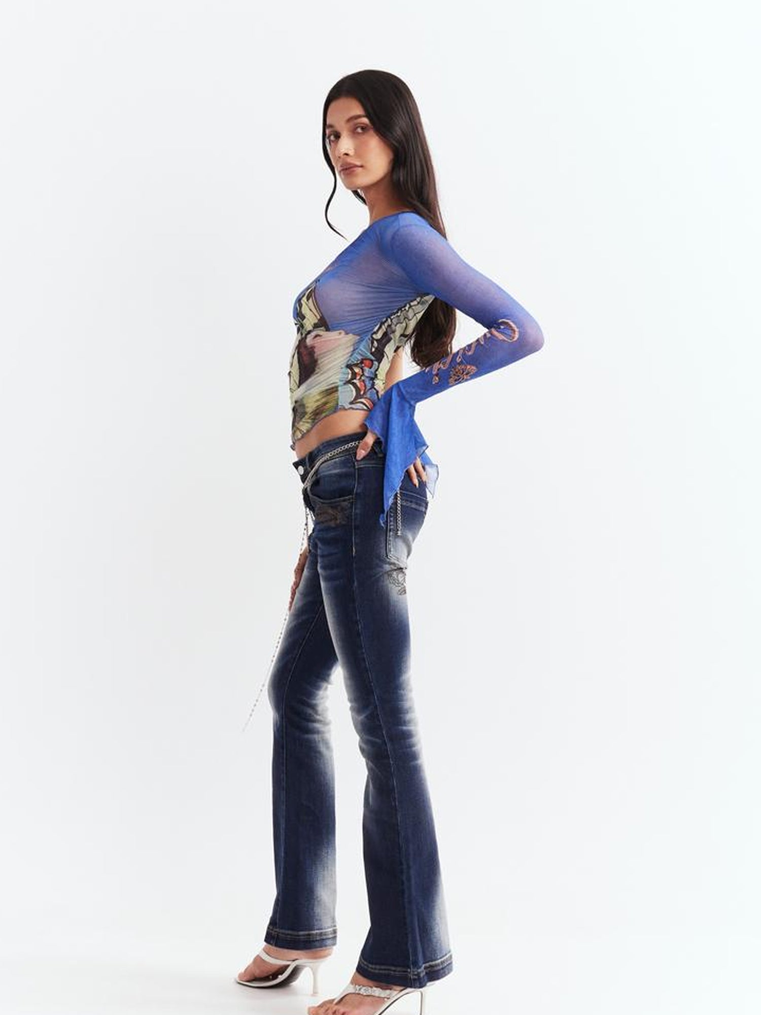JYOSEI Y2K Sheer Mesh Ruffle One Shoulder Top With Print