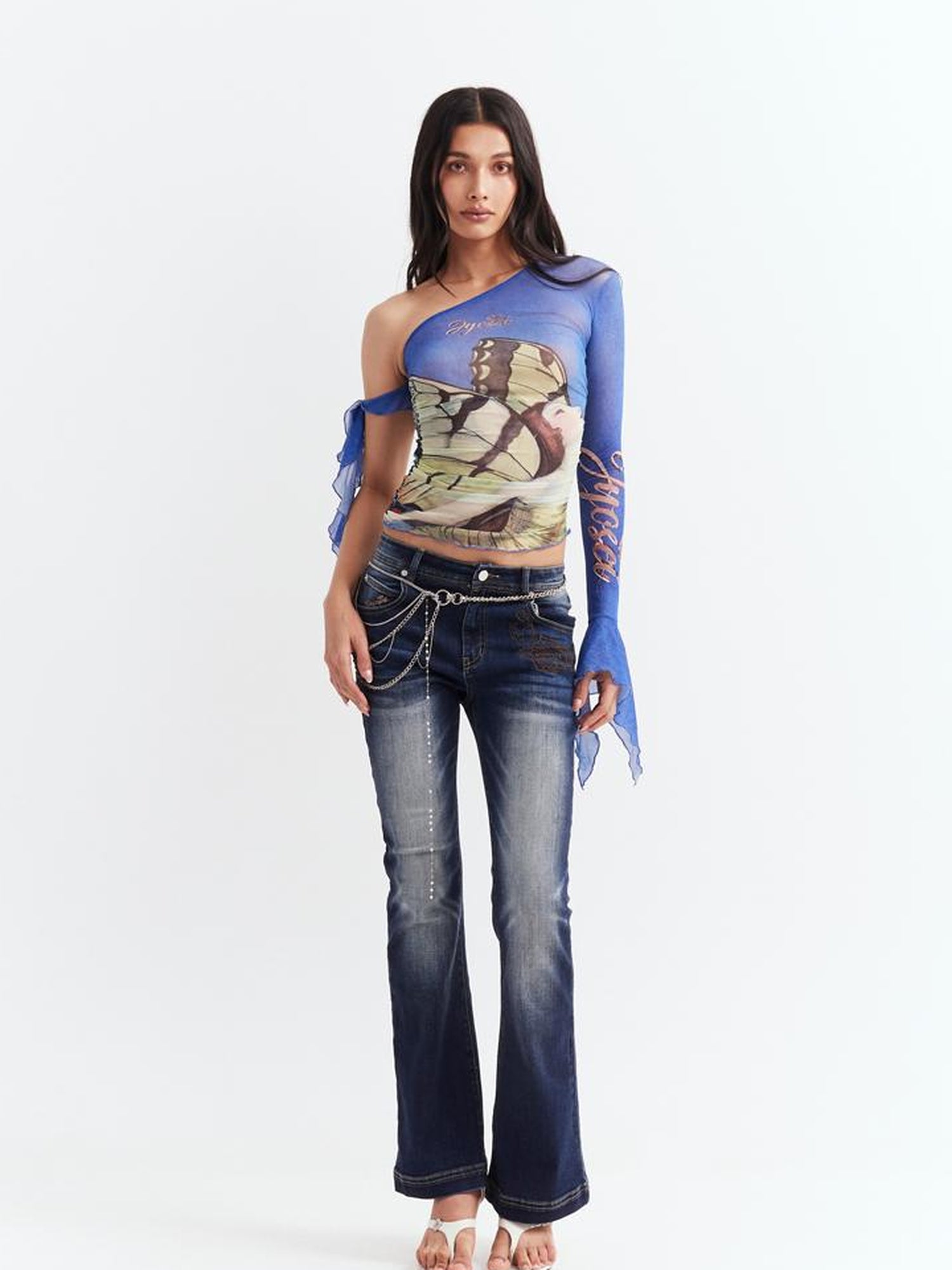 JYOSEI Y2K Sheer Mesh Ruffle One Shoulder Top With Print