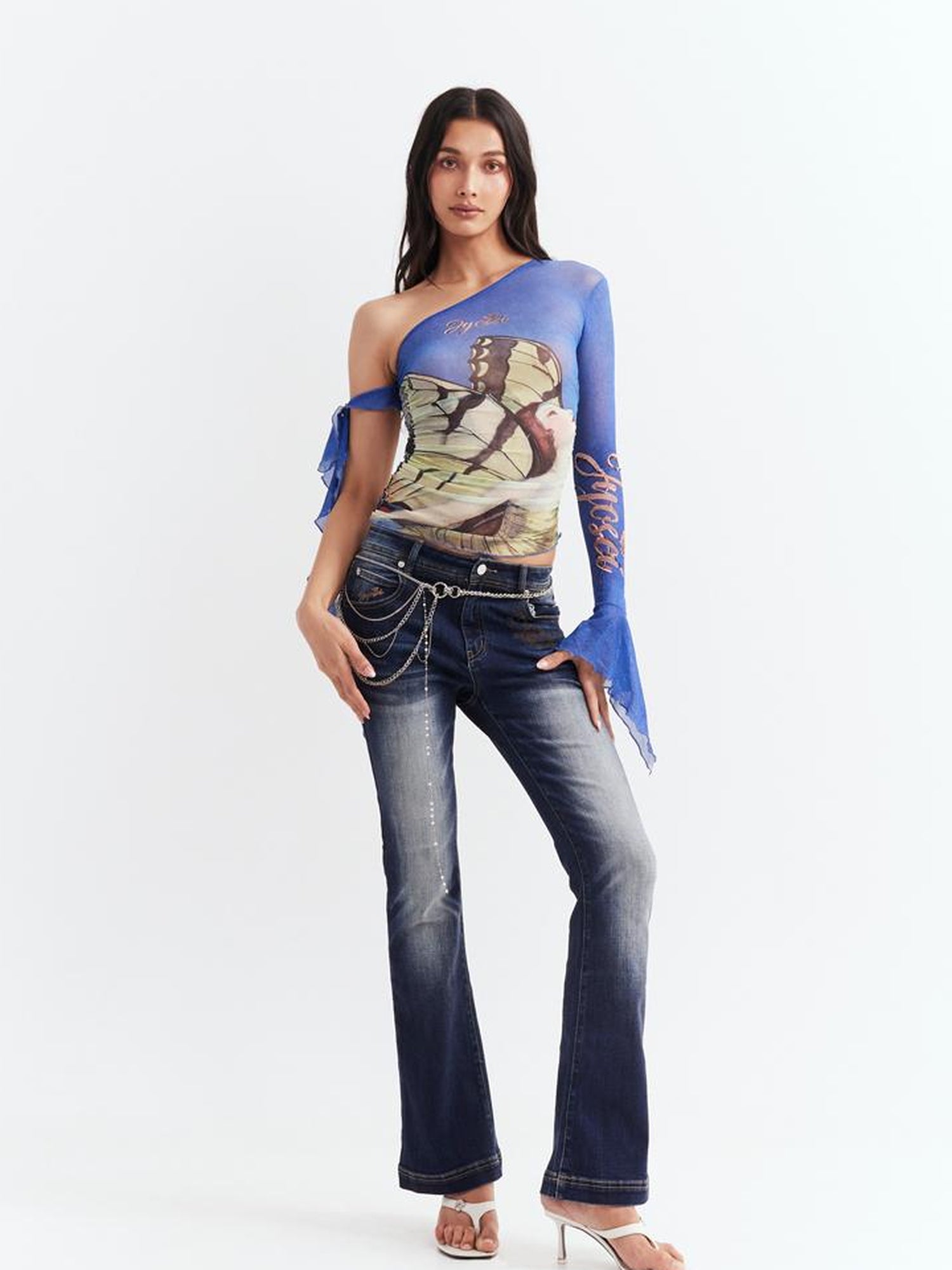 JYOSEI Y2K Sheer Mesh Ruffle One Shoulder Top With Print
