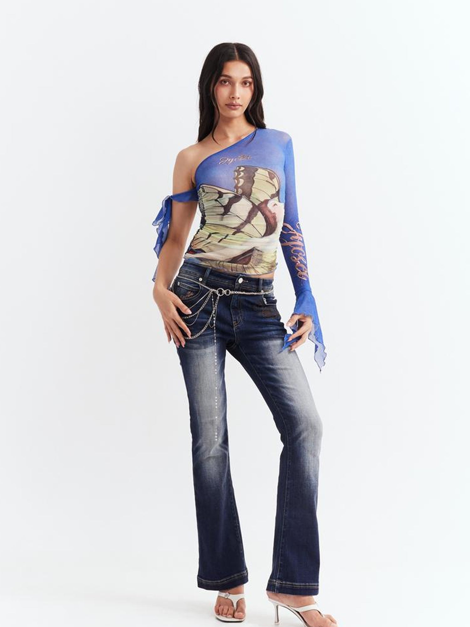 JYOSEI Y2K Sheer Mesh Ruffle One Shoulder Top With Print