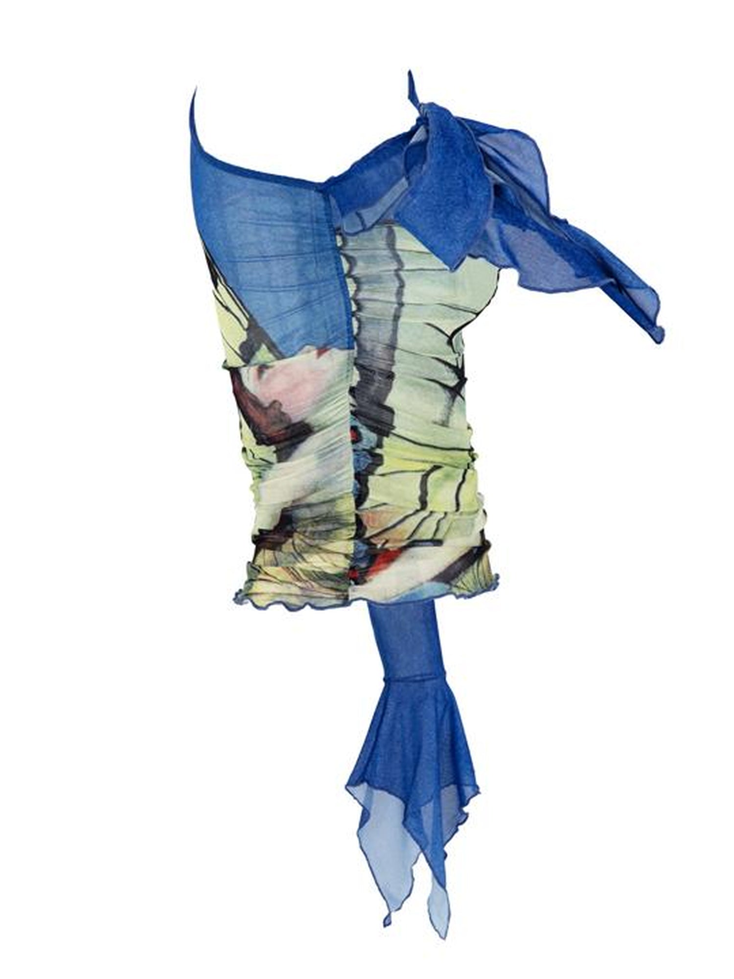 JYOSEI Y2K Sheer Mesh Ruffle One Shoulder Top With Print