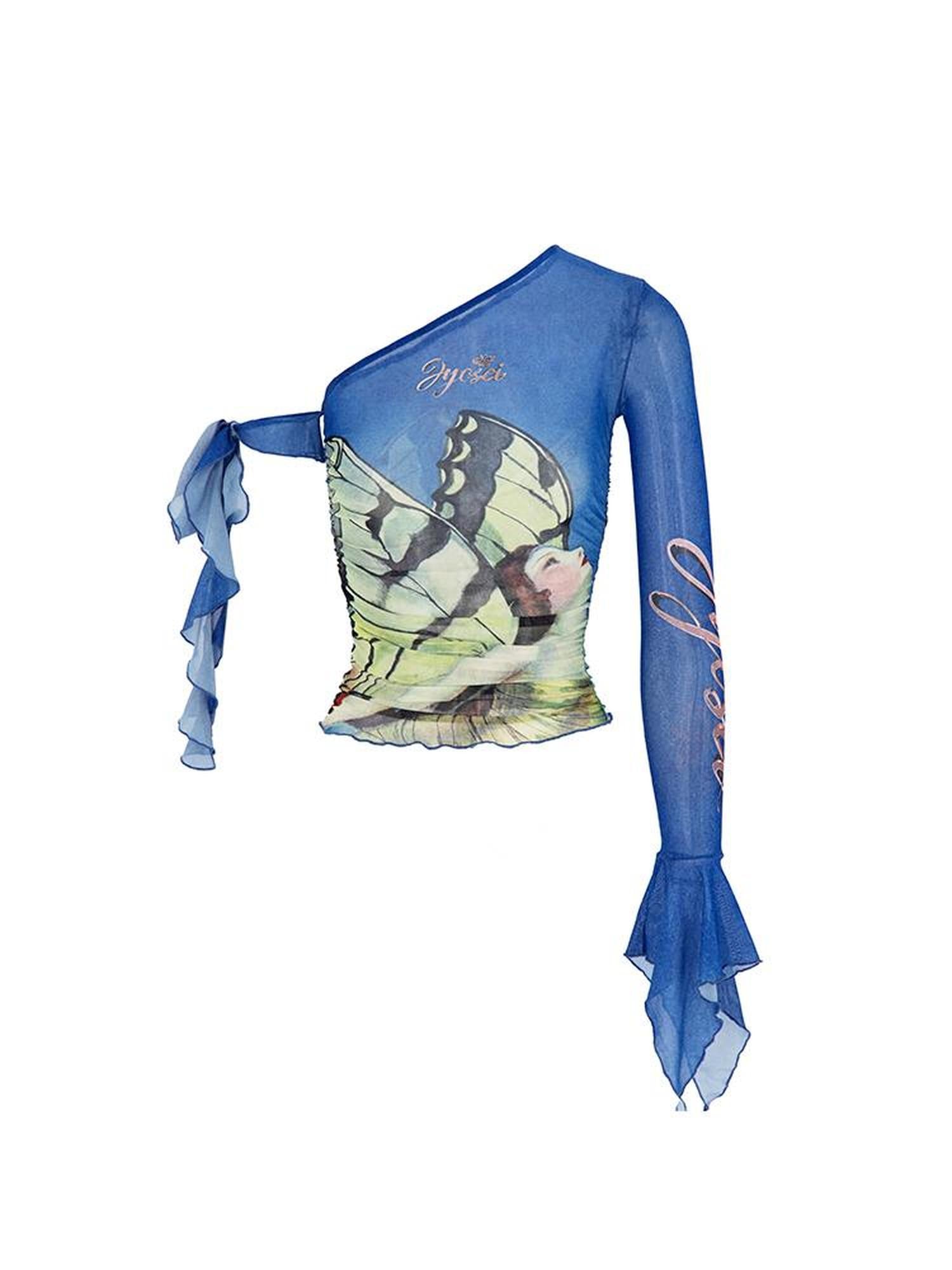 JYOSEI Y2K Sheer Mesh Ruffle One Shoulder Top With Print