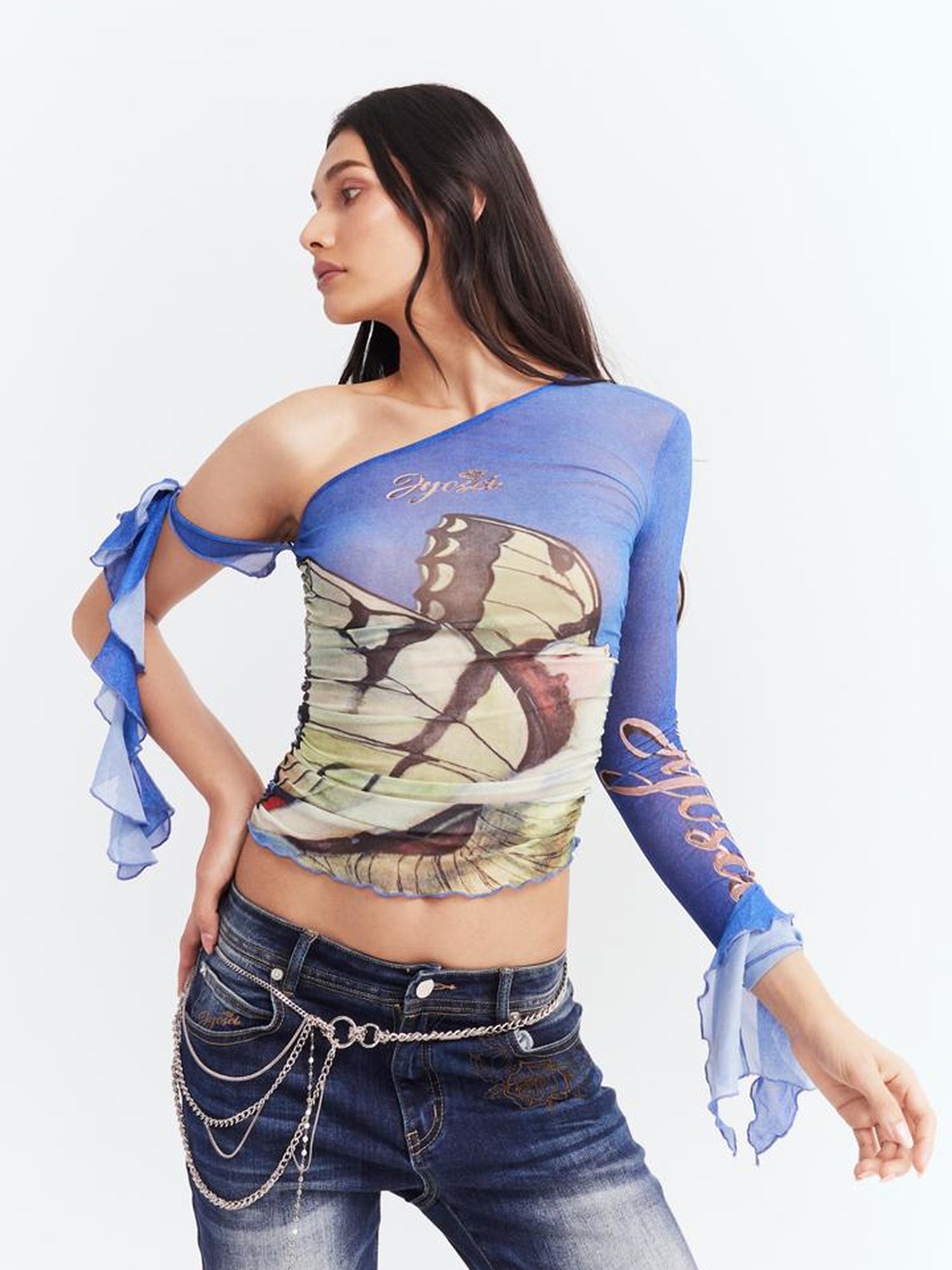 JYOSEI Y2K Sheer Mesh Ruffle One Shoulder Top With Print