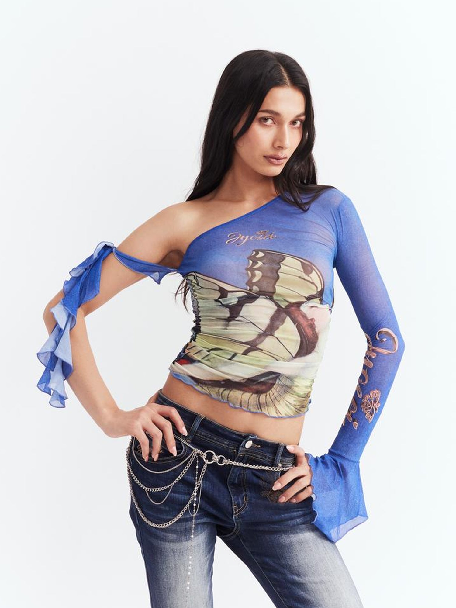 JYOSEI Y2K Sheer Mesh Ruffle One Shoulder Top With Print
