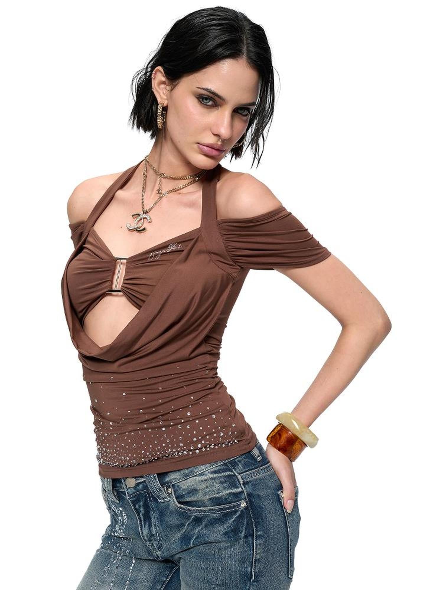 JYOSEI Y2K Strap Top With Draped Neckline & Gradient Rhinestones